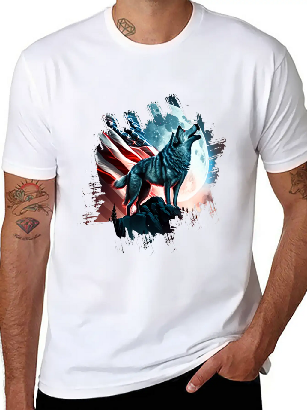 America Wolf Under Moon With American Flag Unisex Short Sleeve Soft Cotton T-Shirt – Casual Everyday Wear