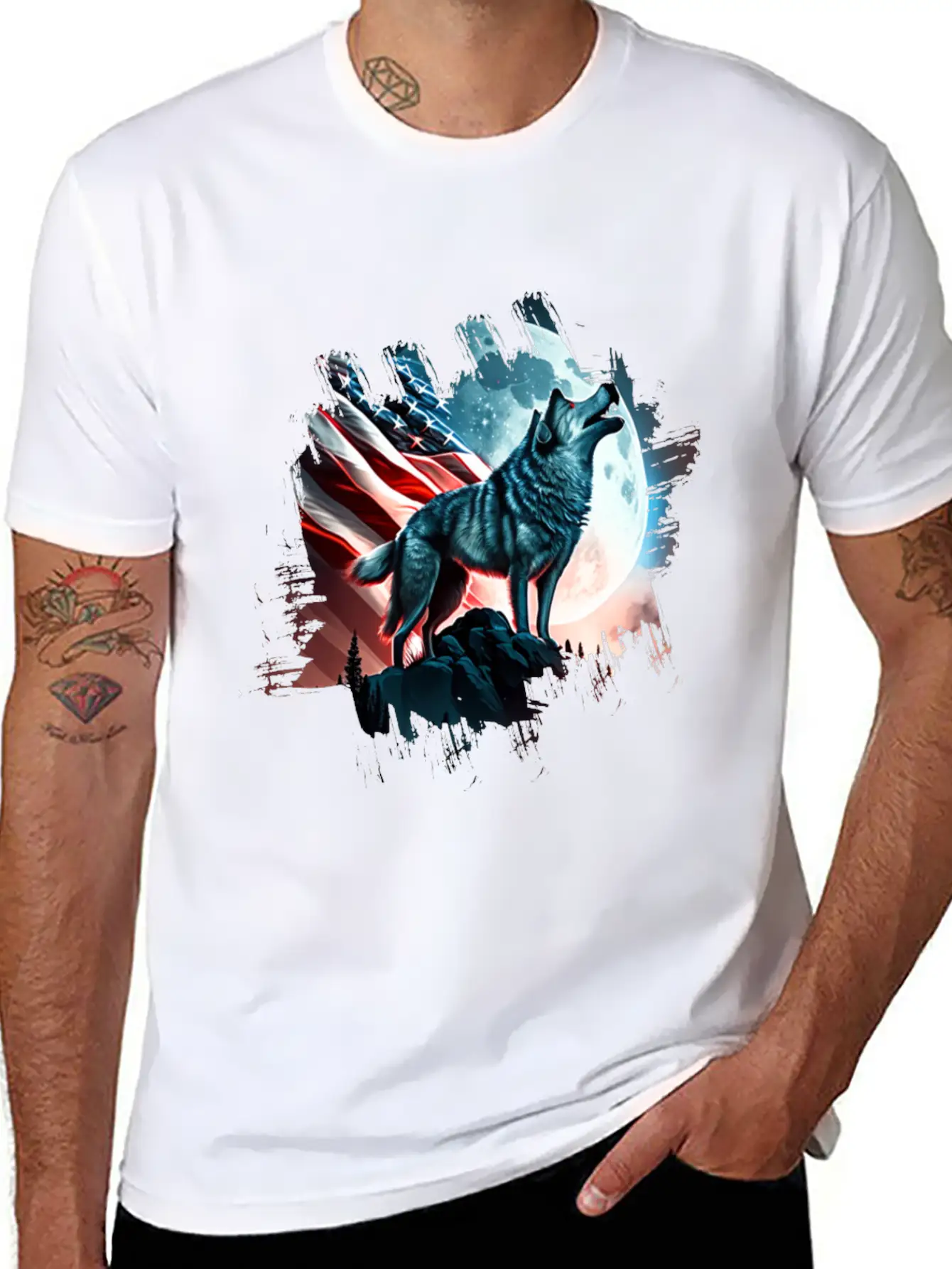 America Wolf Under Moon With American Flag Unisex Short Sleeve Soft Cotton T-Shirt – Casual Everyday Wear