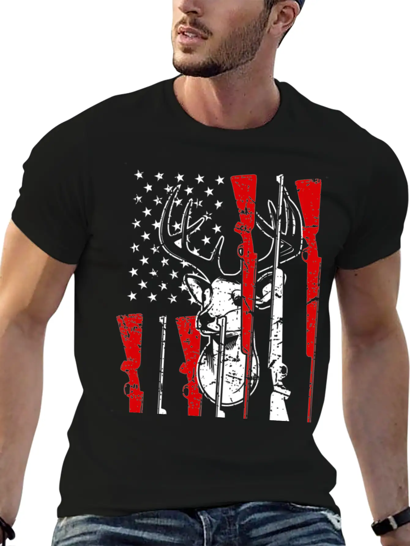 American Flag Hunting Deer 4th Of July Awesome USA Stylish Everyday T-Shirt – Unisex Basic Cotton Tee