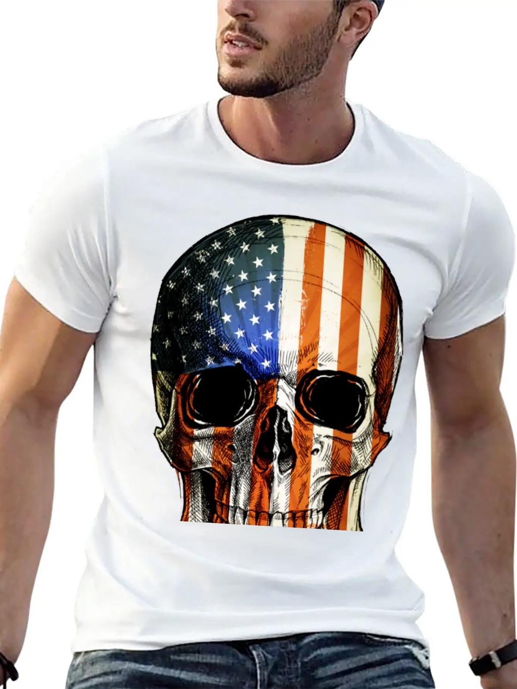 American Vintage Flag Skull - Gift Idea USA Stylish Everyday T-Shirt – Unisex Basic Cotton Tee