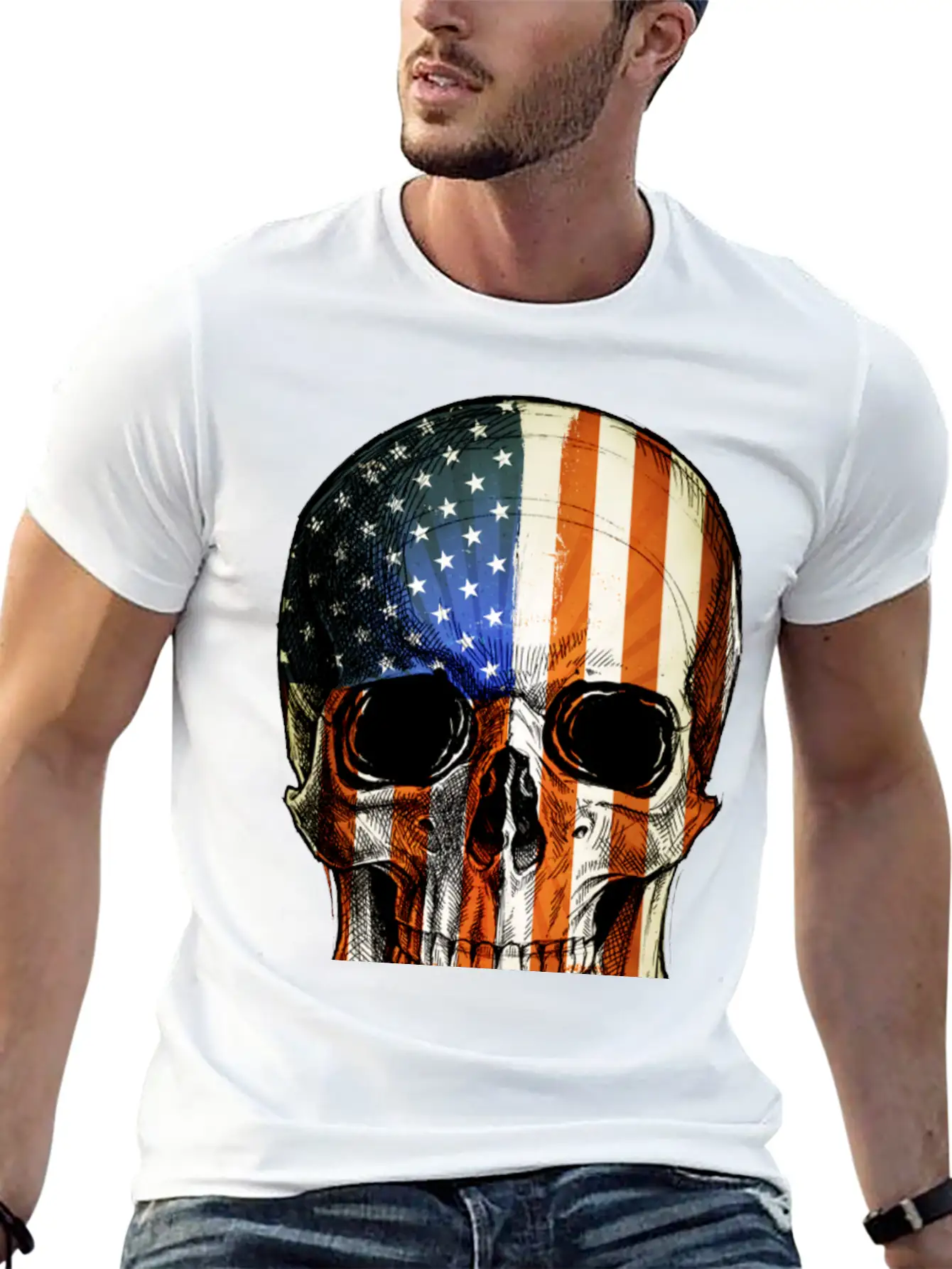 American Vintage Flag Skull - Gift Idea USA Stylish Everyday T-Shirt – Unisex Basic Cotton Tee