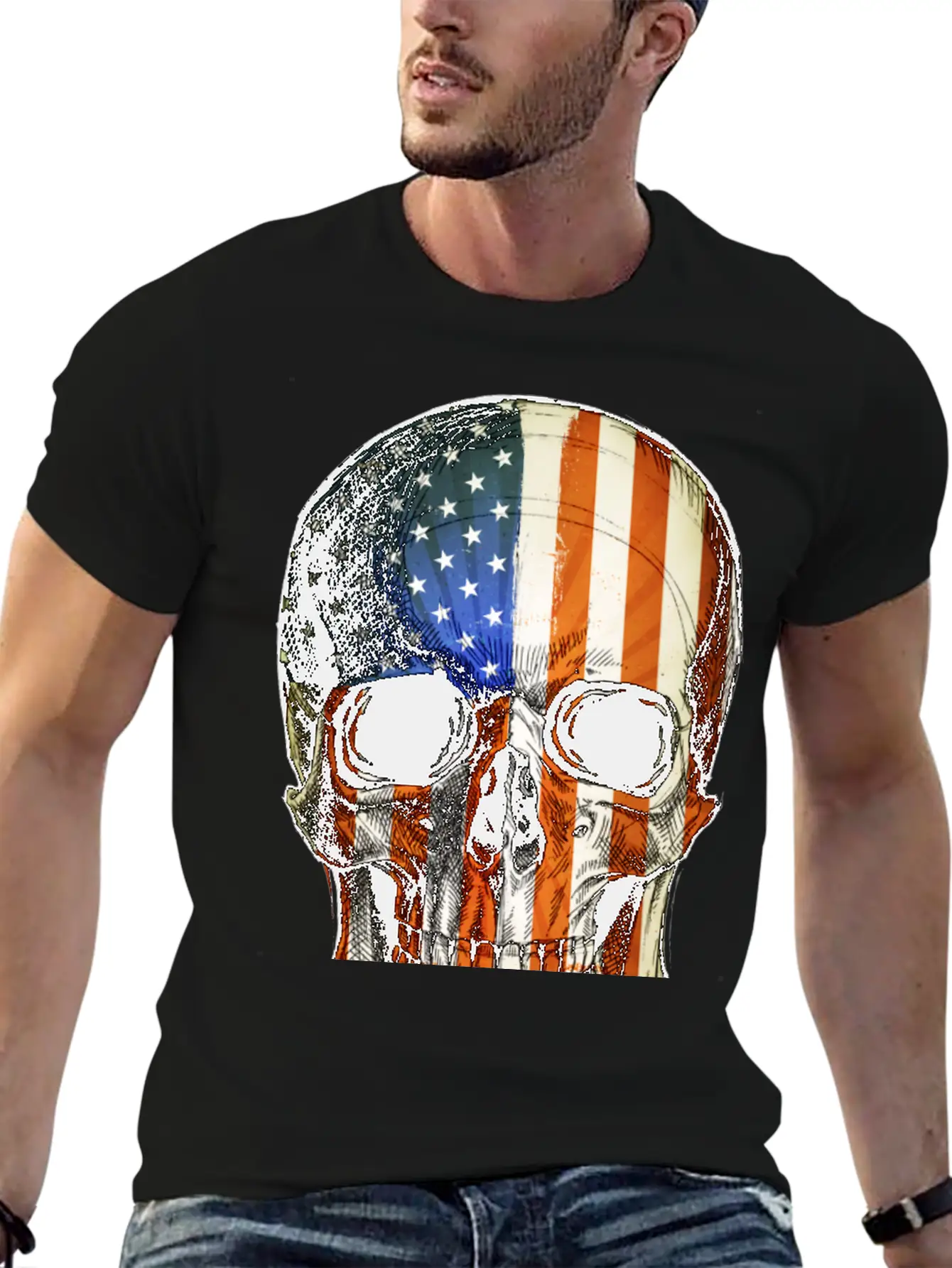 American Vintage Flag Skull - Gift Idea USA Stylish Everyday T-Shirt – Unisex Basic Cotton Tee