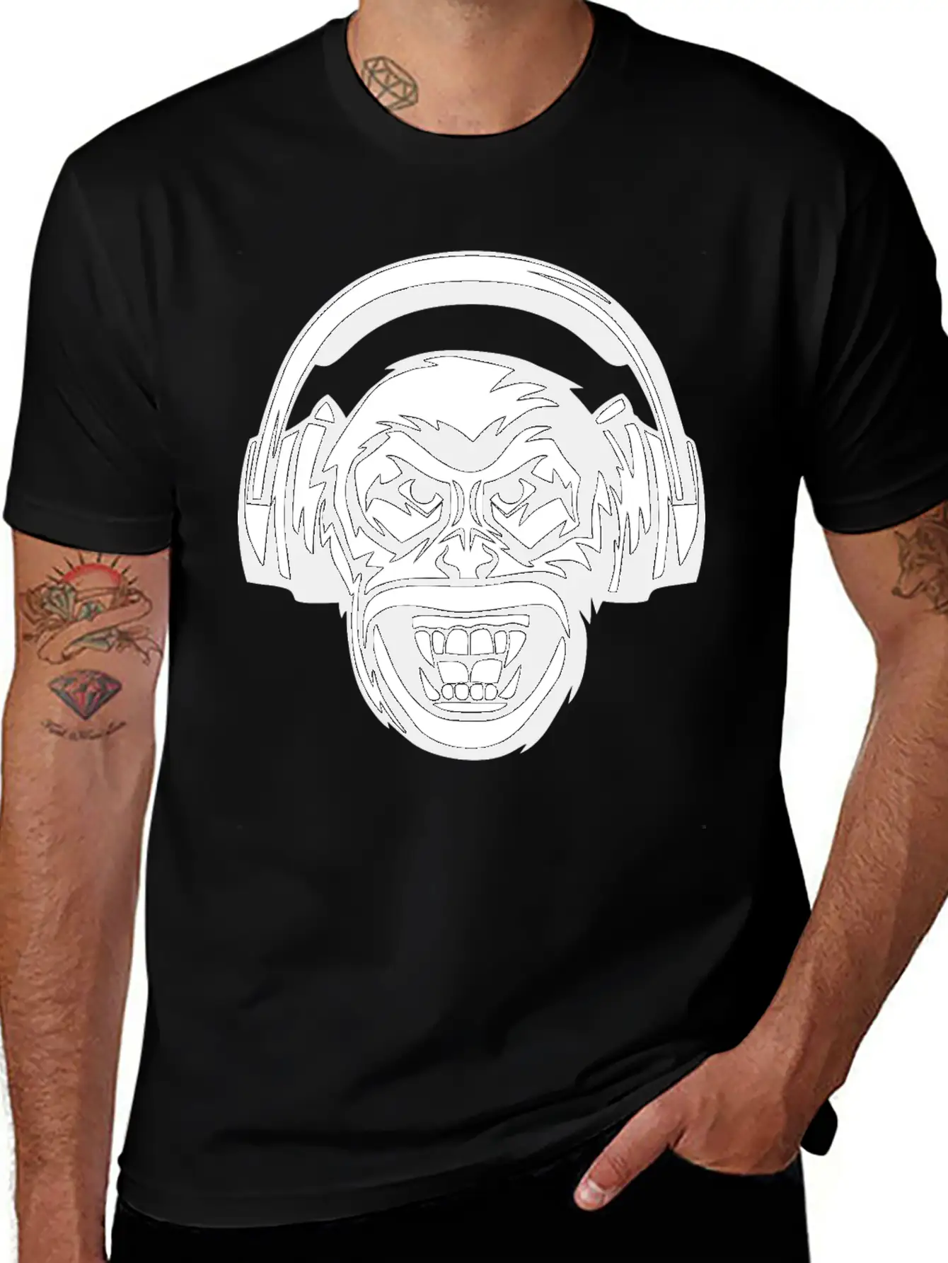 Angry Monkey Headphones Unisex Short Sleeve Soft Cotton T-Shirt – Casual Everyday Wear