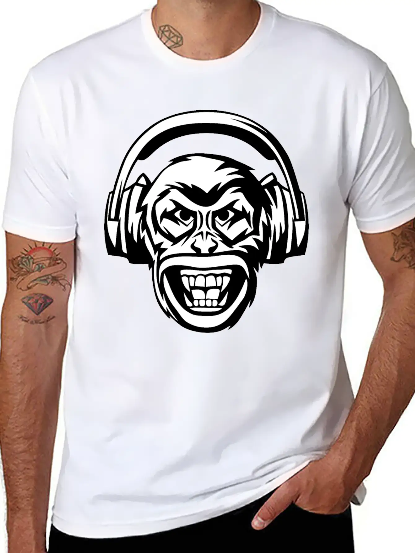 Angry Monkey Headphones Unisex Short Sleeve Soft Cotton T-Shirt – Casual Everyday Wear
