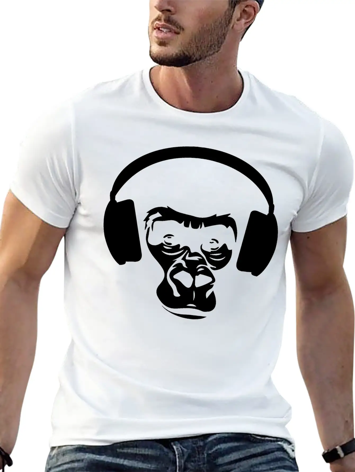 Ape With Headphones Unisex Short Sleeve Soft Cotton T-Shirt – Casual Everyday Wear