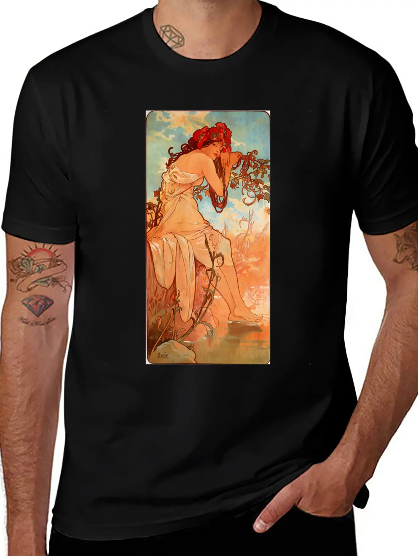 Art Nouveau Deco Alfons Mucha Beautiful Woman Breathable Soft Cotton T-Shirt – Timeless Casual Look