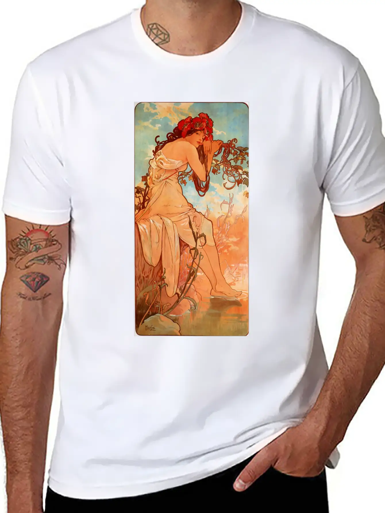 Art Nouveau Deco Alfons Mucha Beautiful Woman Breathable Soft Cotton T-Shirt – Timeless Casual Look