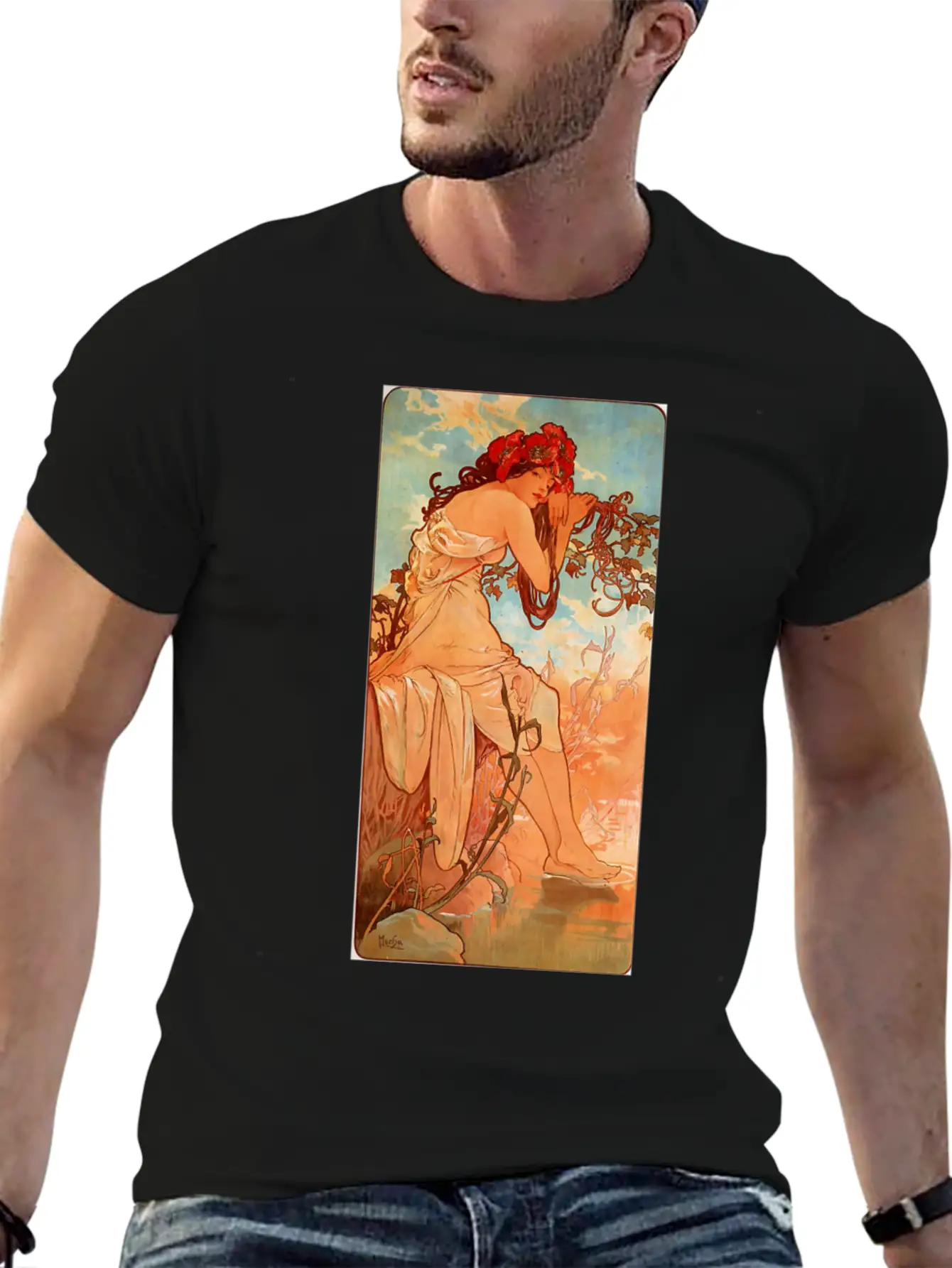 Art Nouveau Deco Alfons Mucha Beautiful Woman Breathable Soft Cotton T-Shirt – Timeless Casual Look