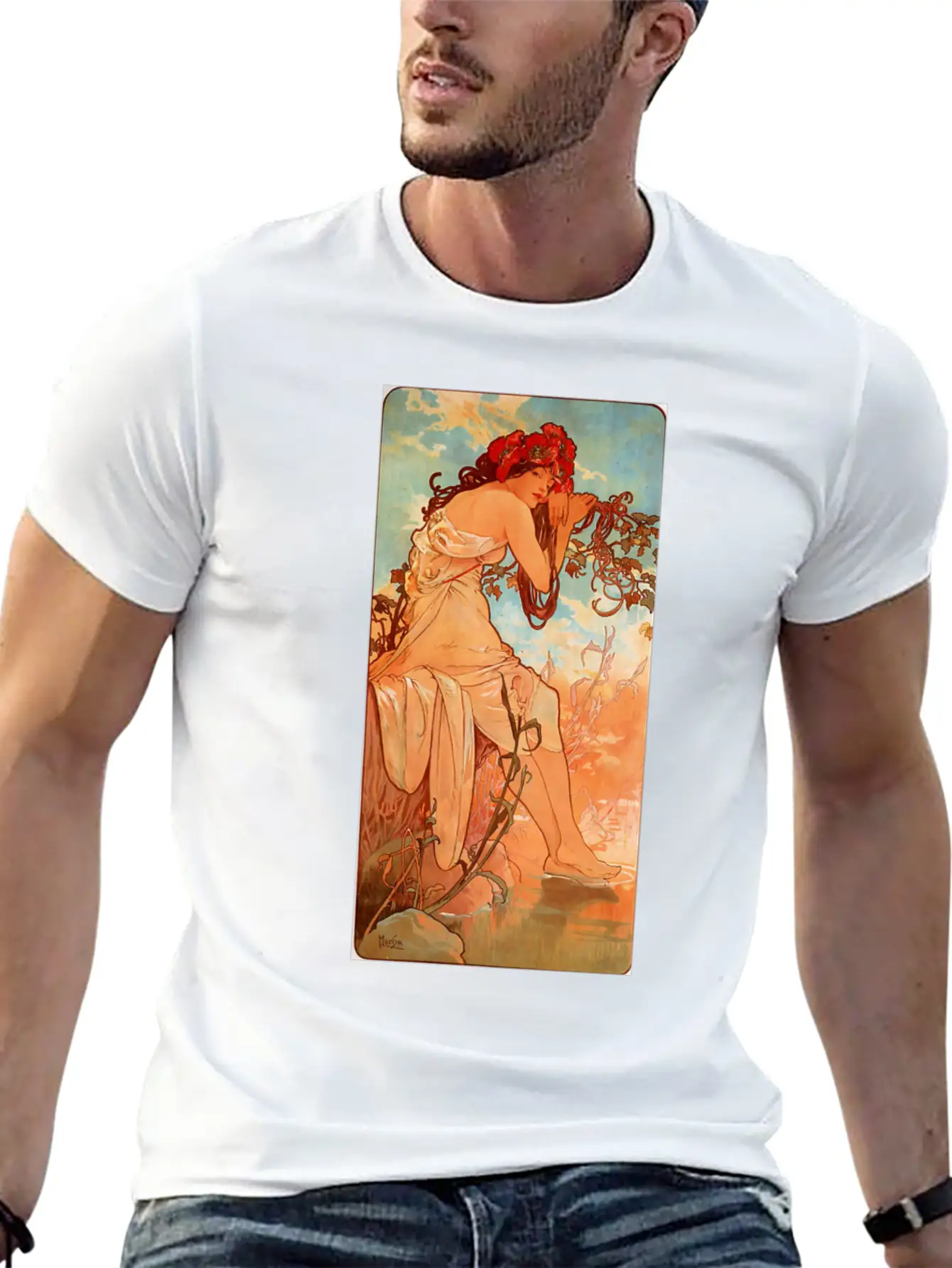 Art Nouveau Deco Alfons Mucha Beautiful Woman Breathable Soft Cotton T-Shirt – Timeless Casual Look