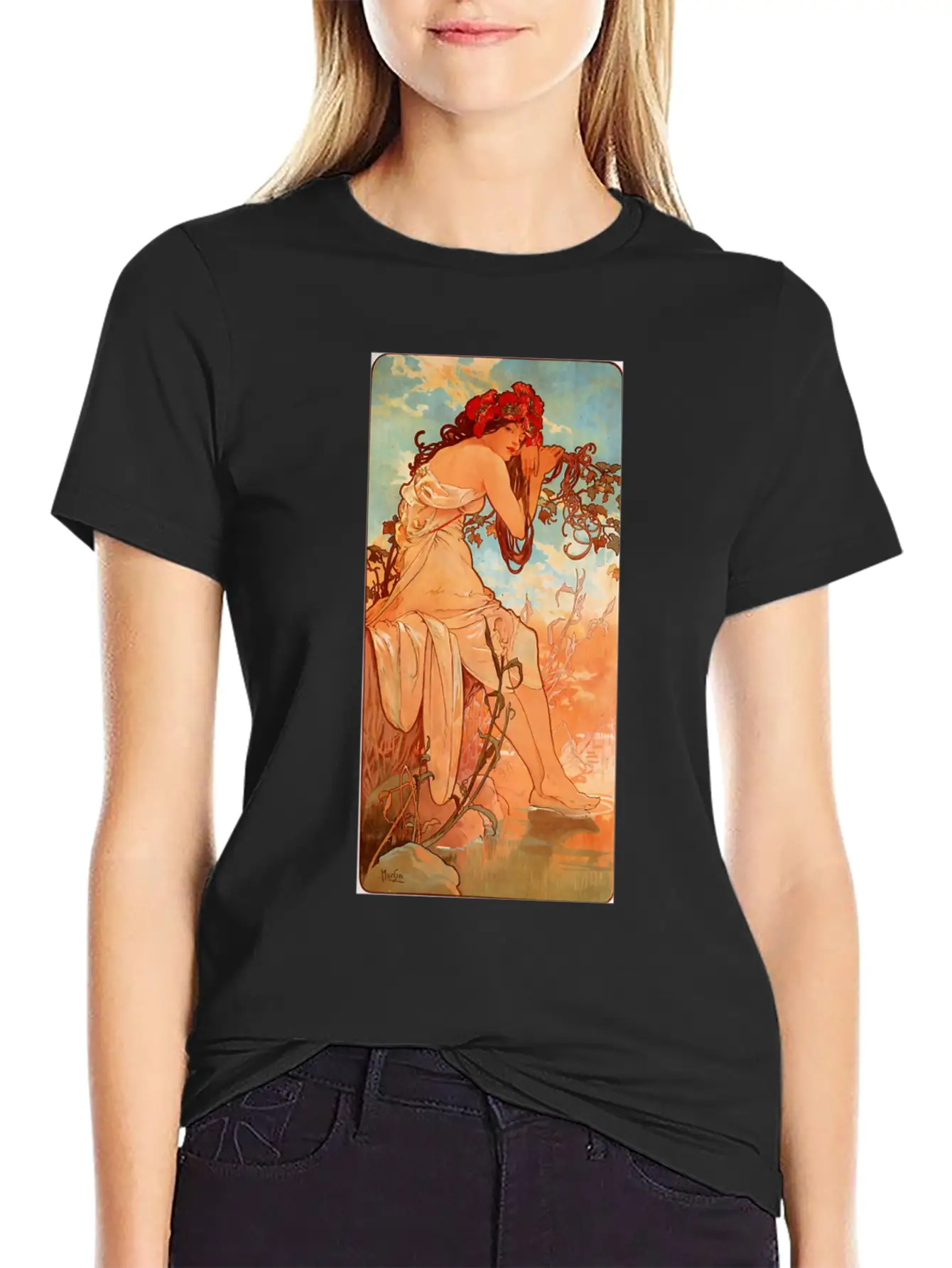 Art Nouveau Deco Alfons Mucha Beautiful Woman Breathable Soft Cotton T-Shirt – Timeless Casual Look