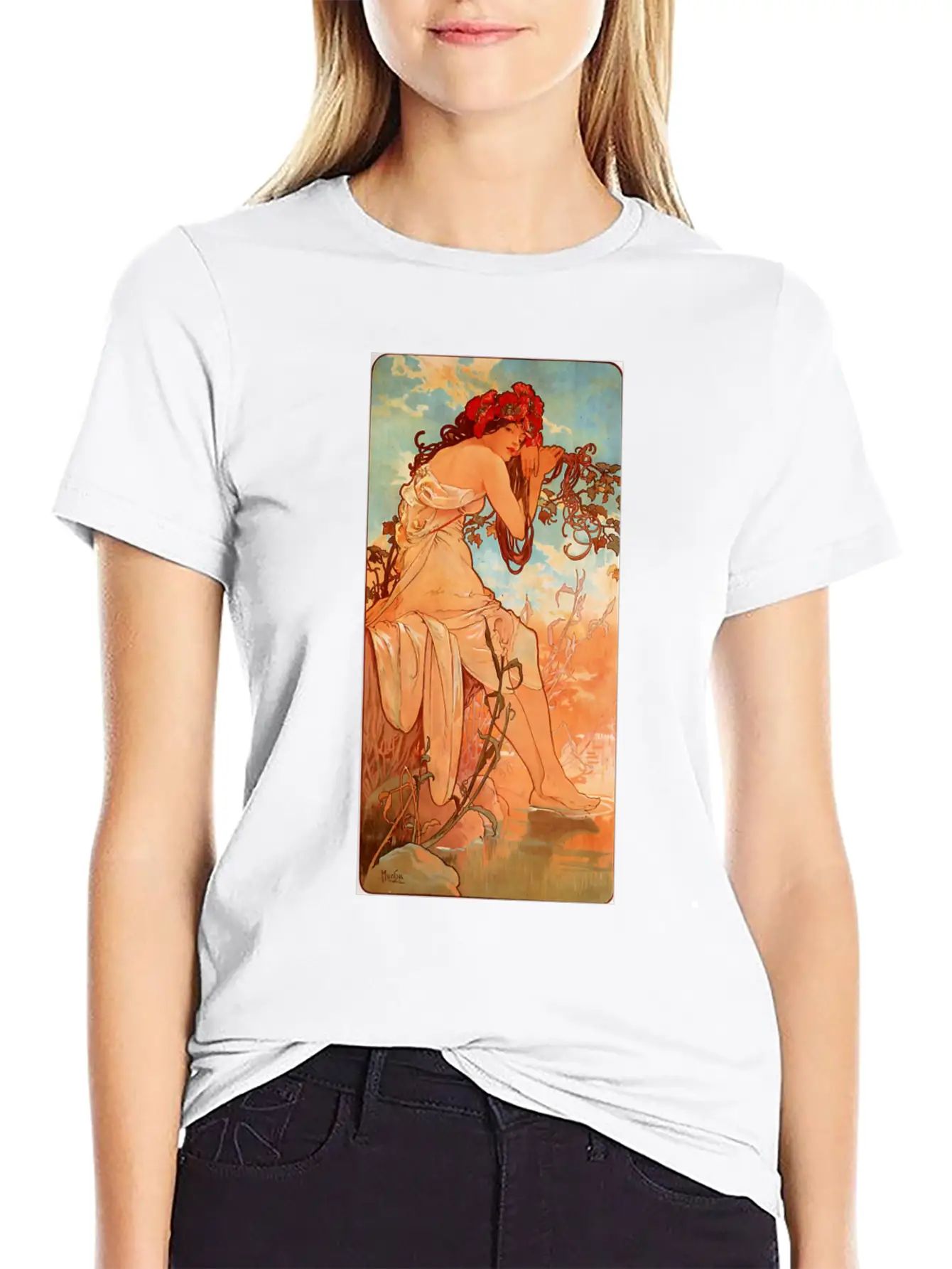 Art Nouveau Deco Alfons Mucha Beautiful Woman Breathable Soft Cotton T-Shirt – Timeless Casual Look