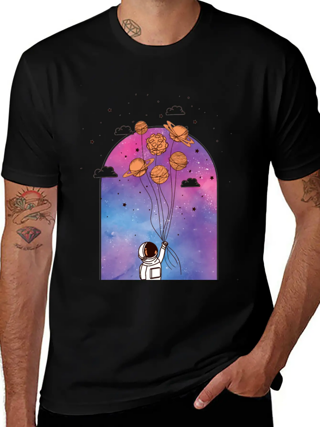 Astronaut With Planet Balloons Stylish Everyday T-Shirt – Unisex Basic Cotton Tee