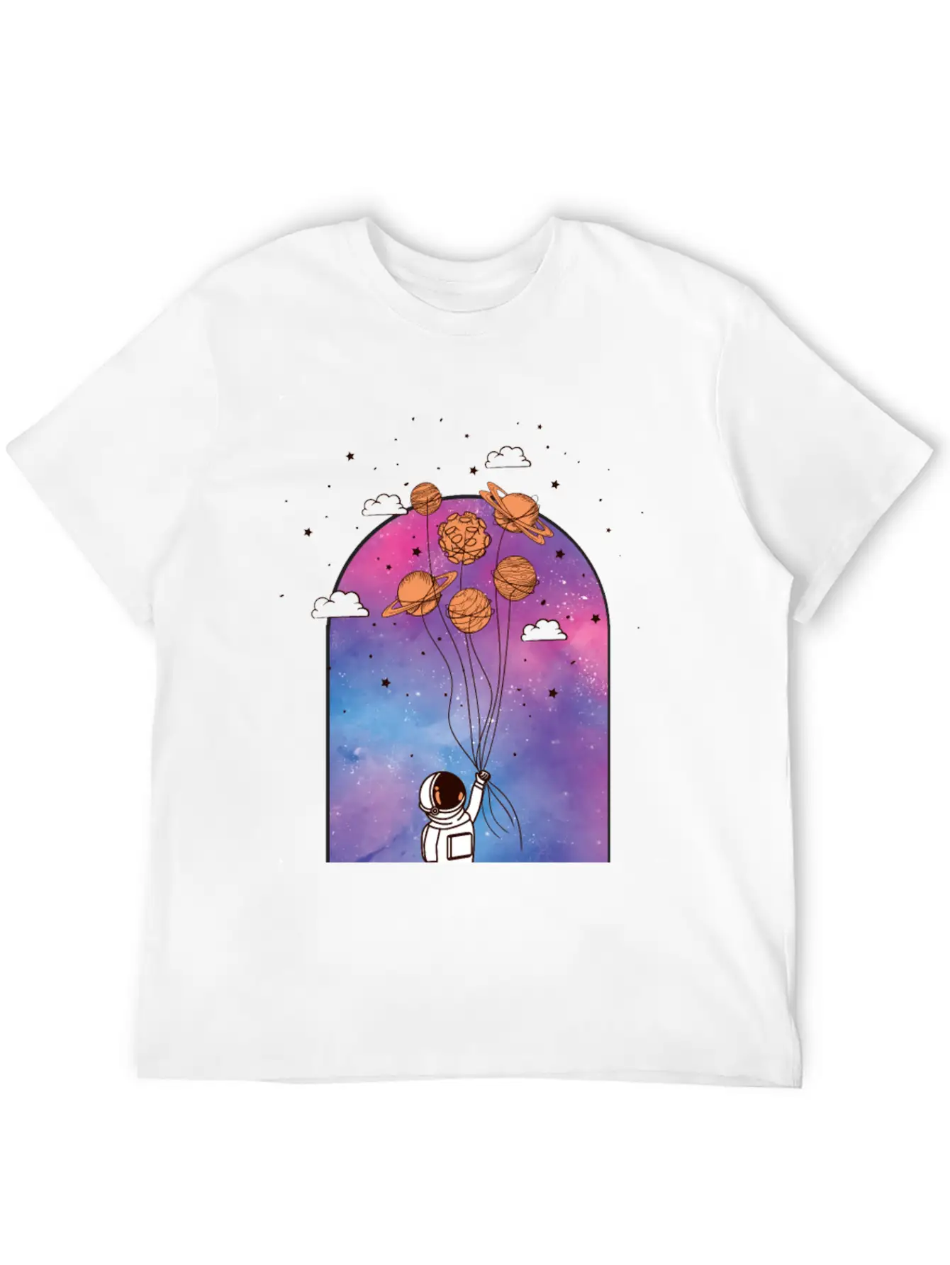 Astronaut With Planet Balloons Stylish Everyday T-Shirt – Unisex Basic Cotton Tee