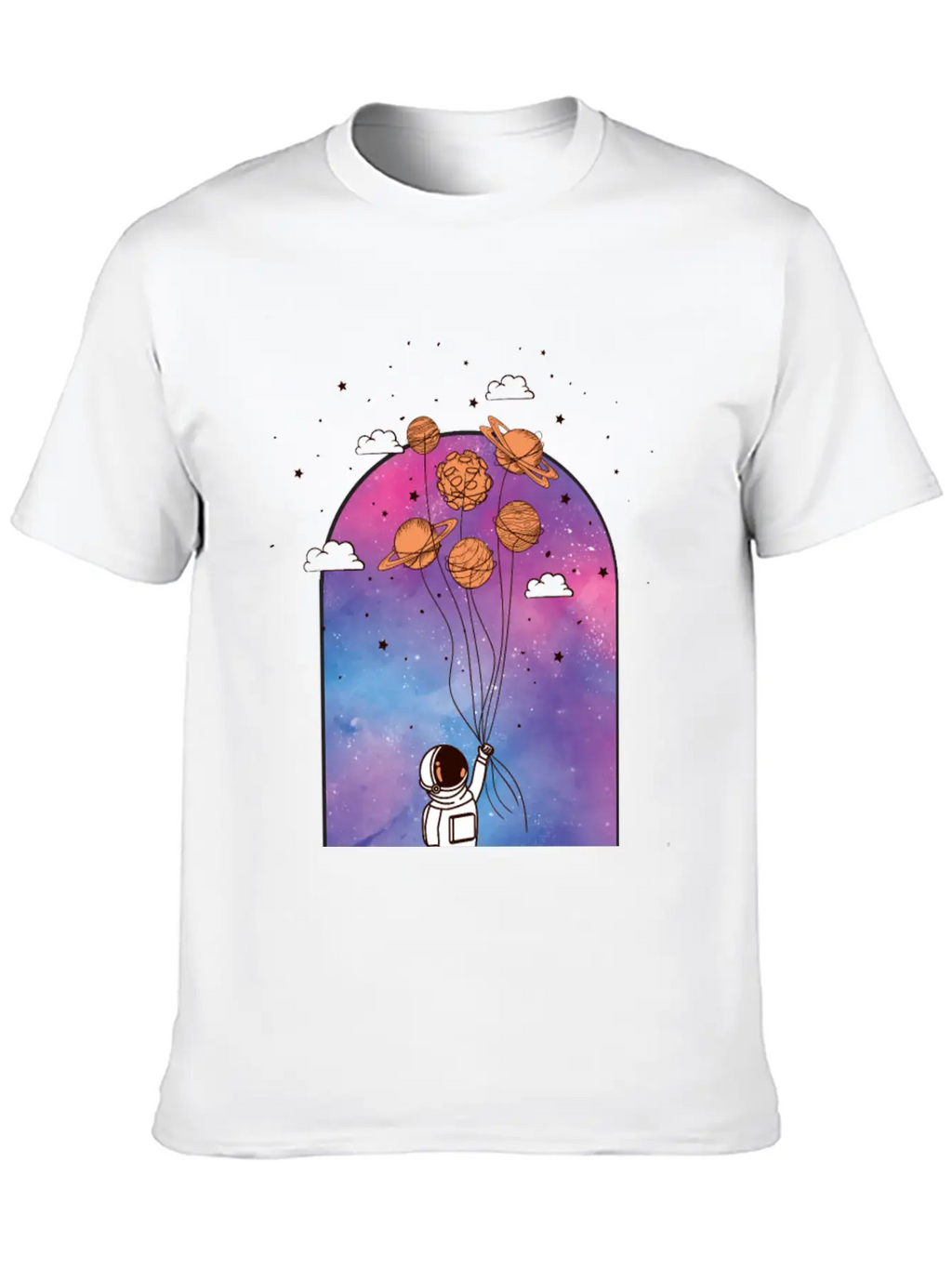 Astronaut With Planet Balloons Stylish Everyday T-Shirt – Unisex Basic Cotton Tee