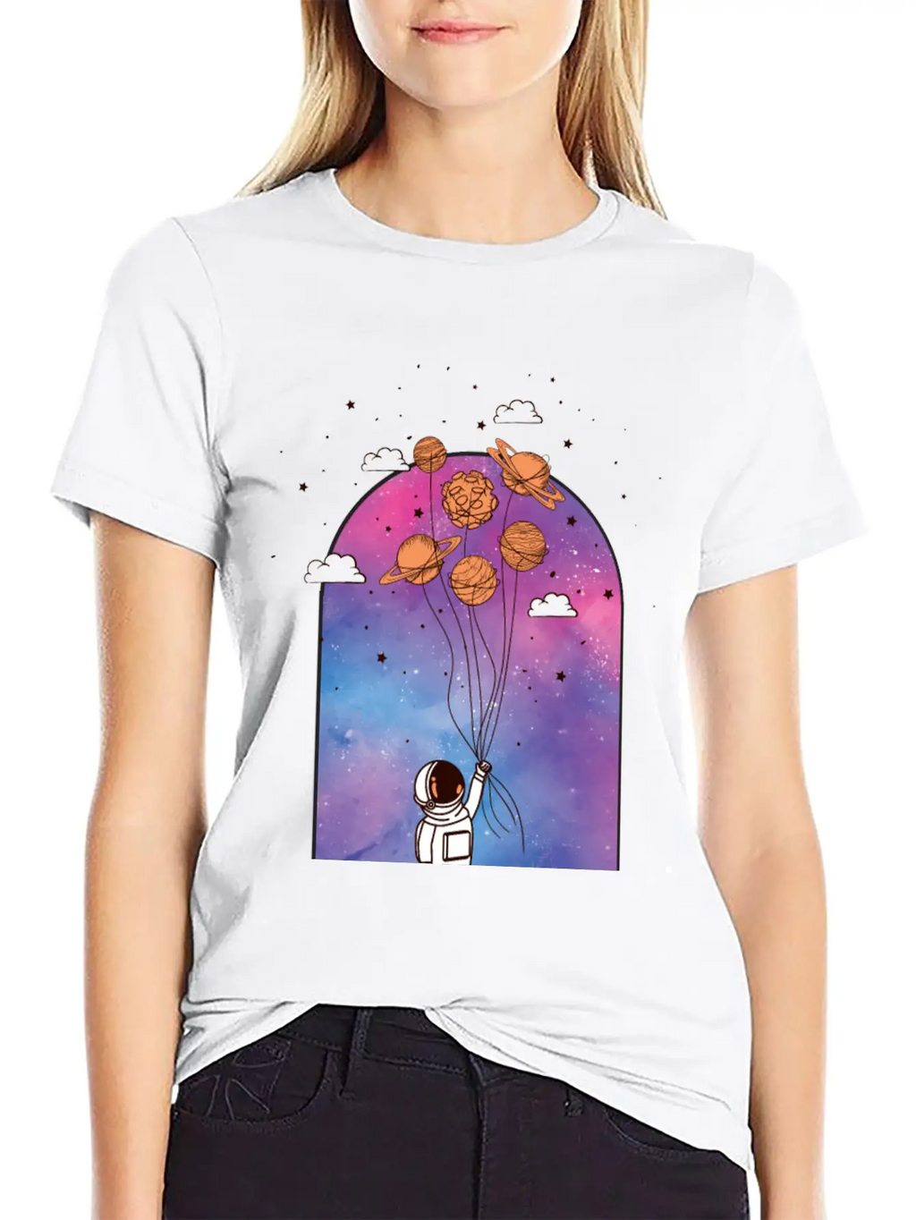 Astronaut With Planet Balloons Stylish Everyday T-Shirt – Unisex Basic Cotton Tee