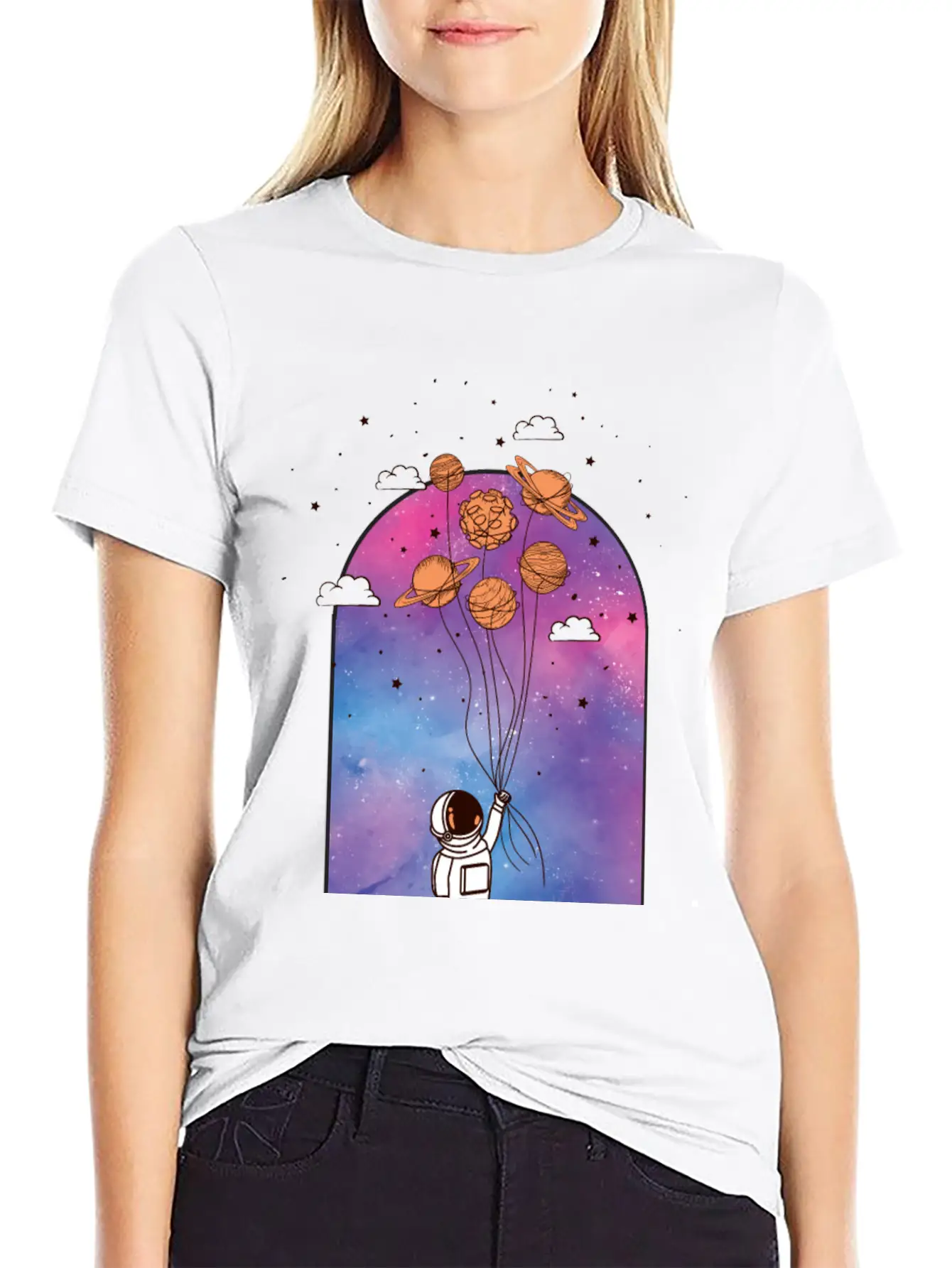 Astronaut With Planet Balloons Stylish Everyday T-Shirt – Unisex Basic Cotton Tee