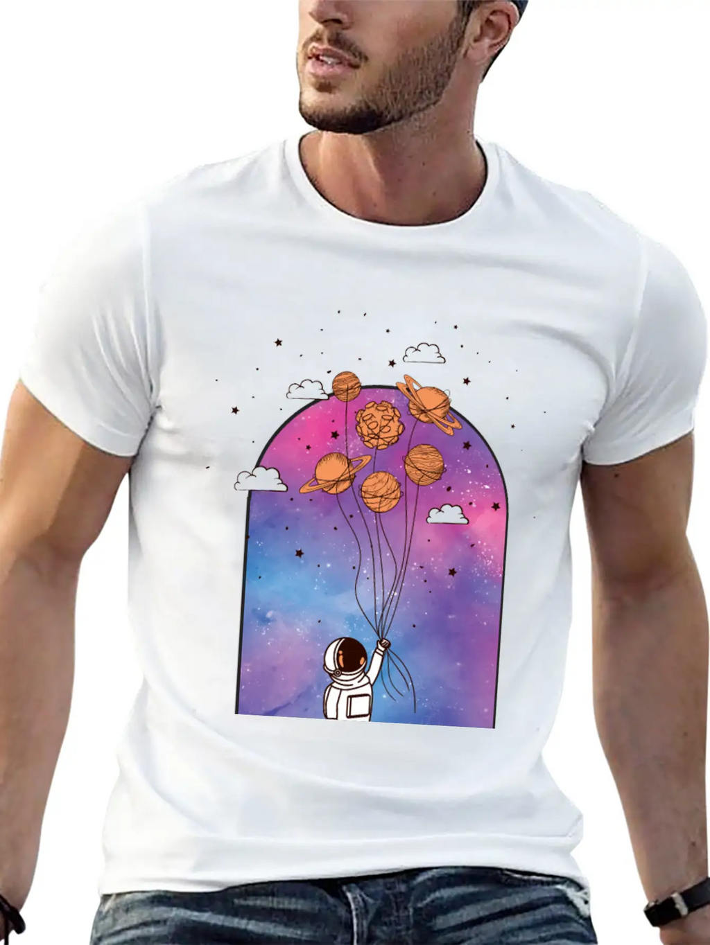 Astronaut With Planet Balloons Stylish Everyday T-Shirt – Unisex Basic Cotton Tee
