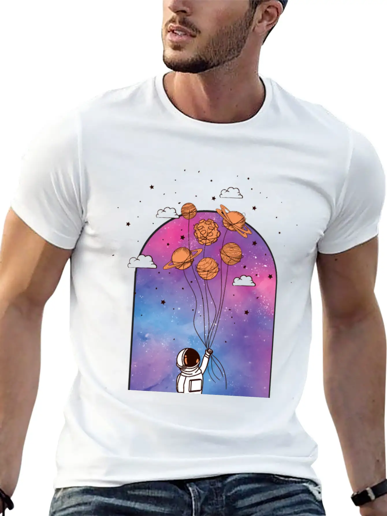 Astronaut With Planet Balloons Stylish Everyday T-Shirt – Unisex Basic Cotton Tee