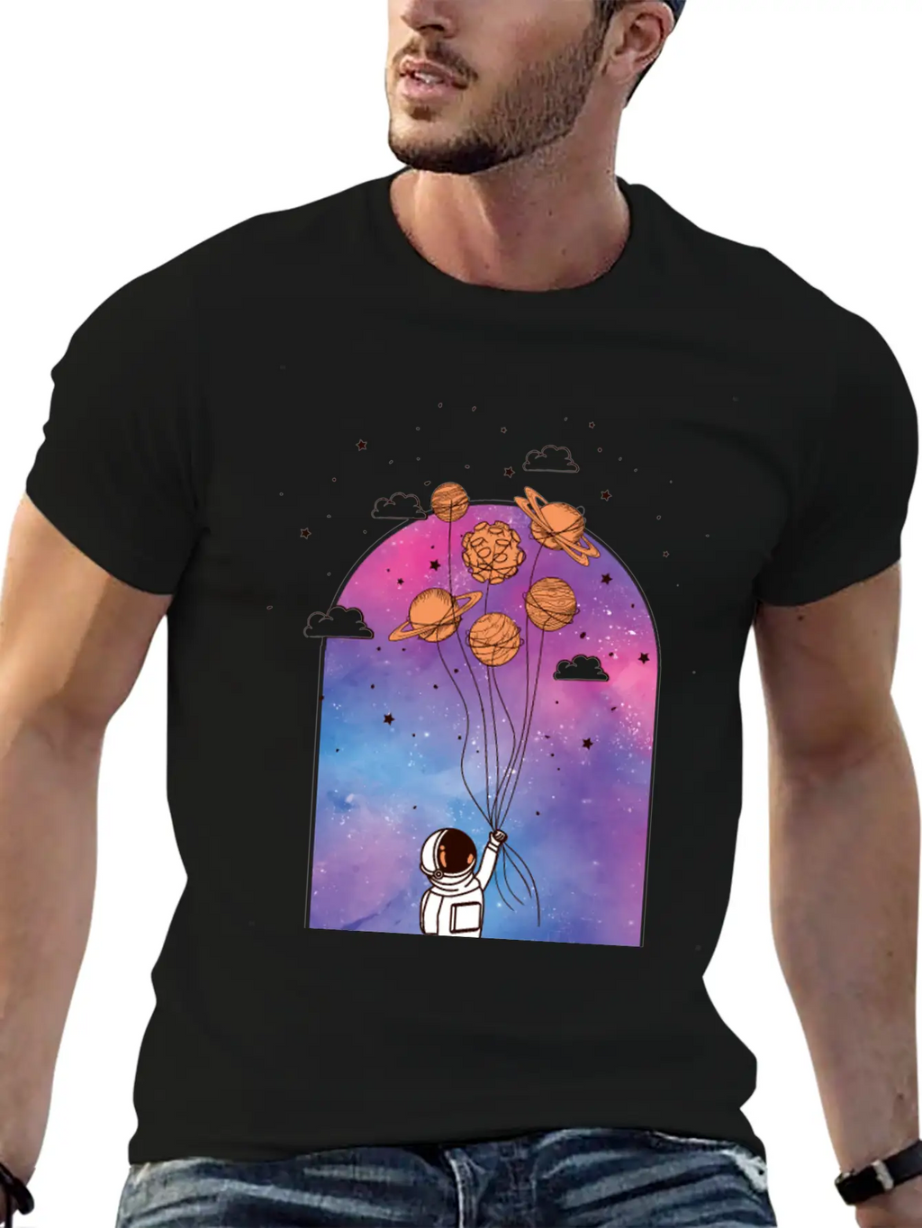 Astronaut With Planet Balloons Stylish Everyday T-Shirt – Unisex Basic Cotton Tee