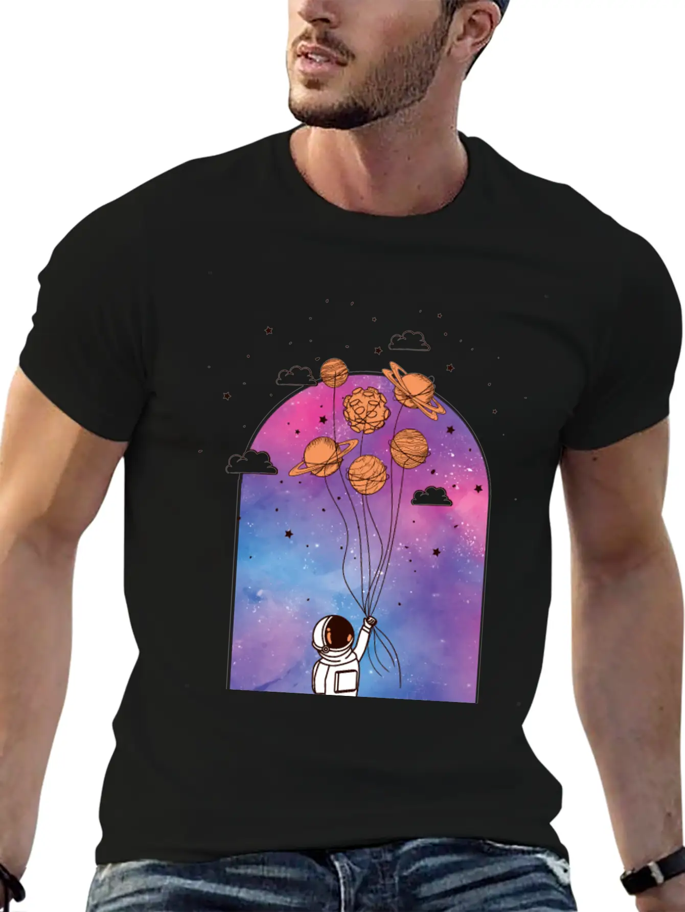 Astronaut With Planet Balloons Stylish Everyday T-Shirt – Unisex Basic Cotton Tee