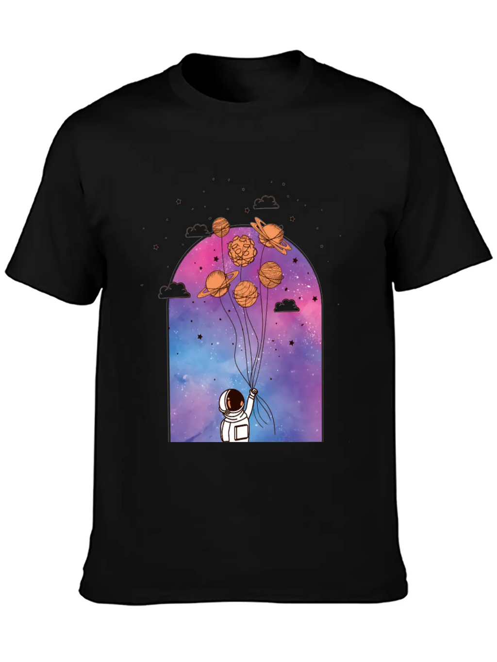 Astronaut With Planet Balloons Stylish Everyday T-Shirt – Unisex Basic Cotton Tee