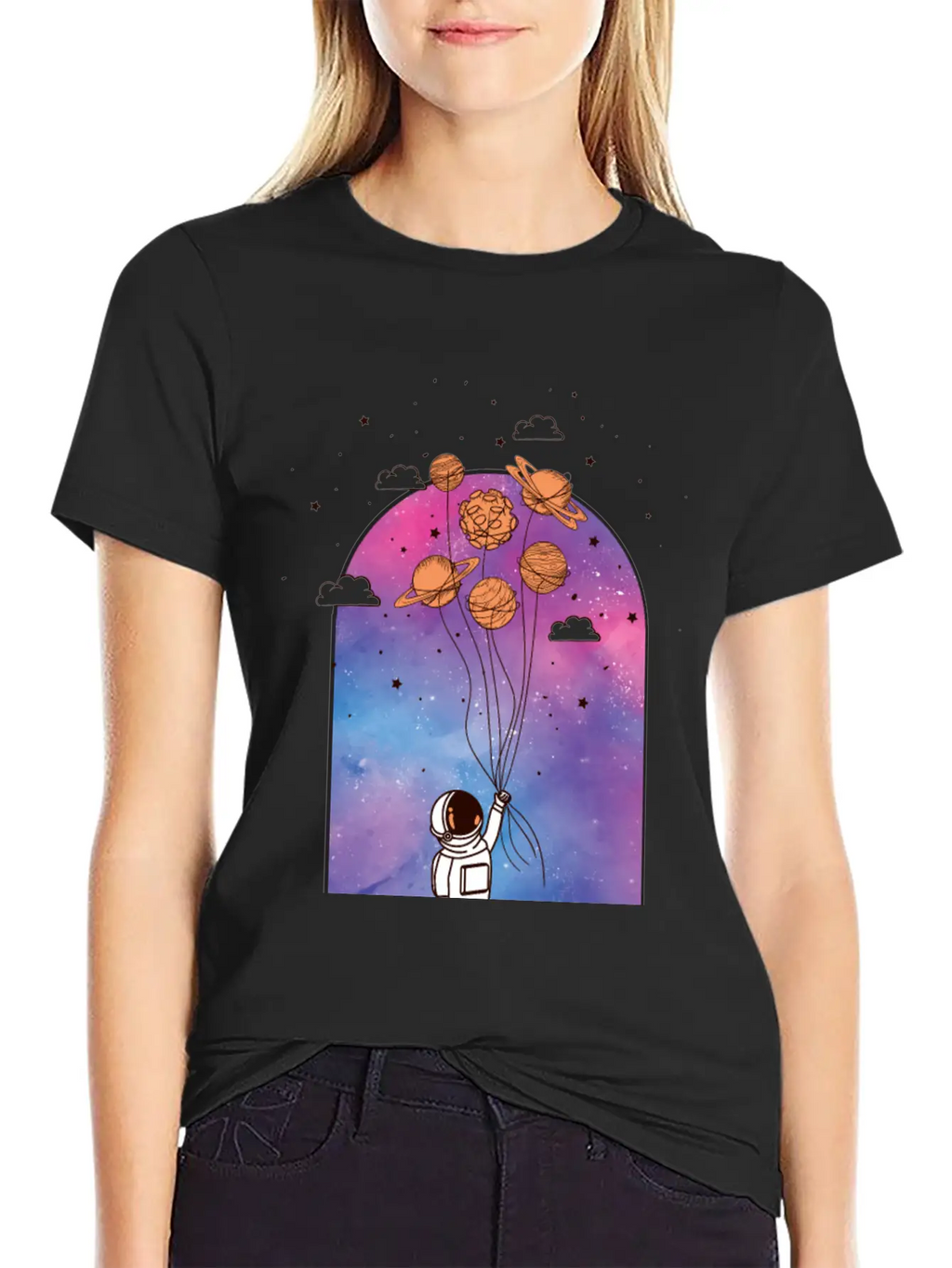 Astronaut With Planet Balloons Stylish Everyday T-Shirt – Unisex Basic Cotton Tee