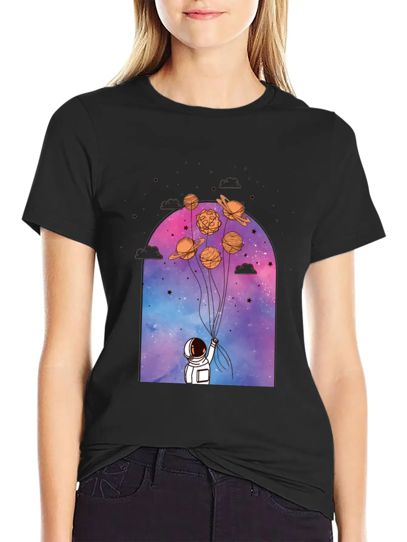 Astronaut With Planet Balloons Stylish Everyday T-Shirt – Unisex Basic Cotton Tee