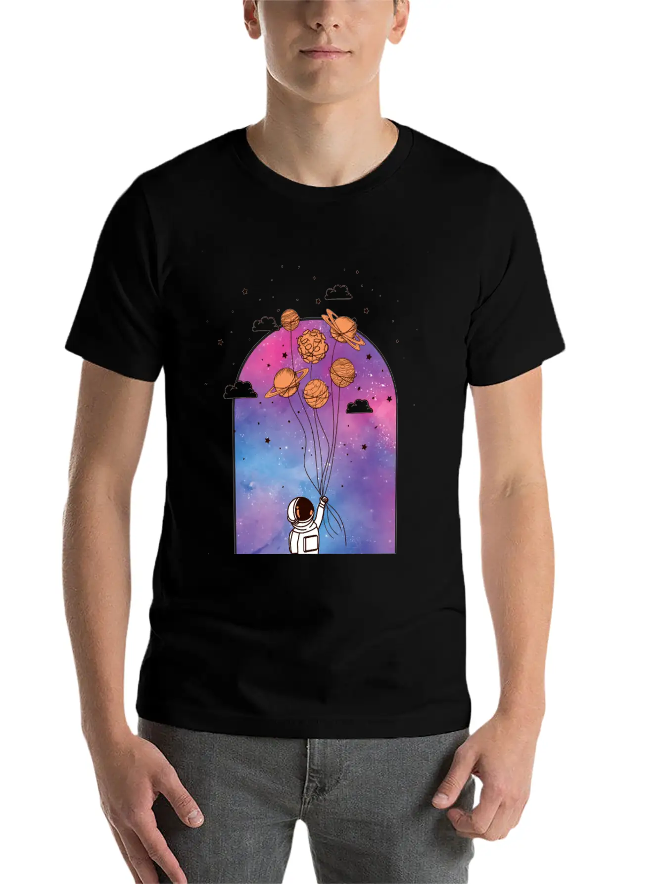Astronaut With Planet Balloons Stylish Everyday T-Shirt – Unisex Basic Cotton Tee