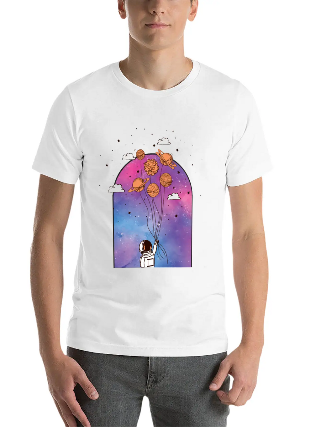 Astronaut With Planet Balloons Stylish Everyday T-Shirt – Unisex Basic Cotton Tee