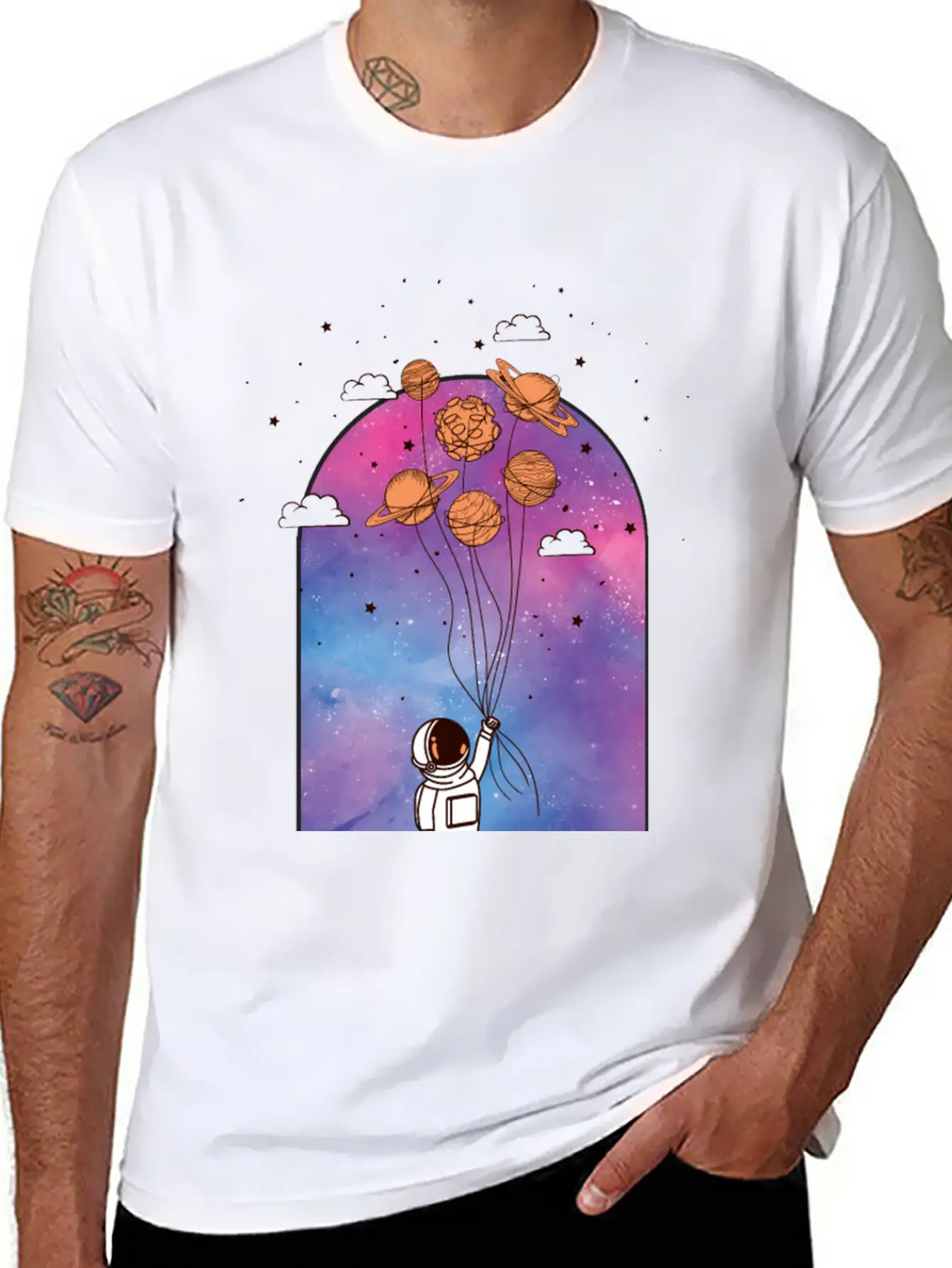 Astronaut With Planet Balloons Stylish Everyday T-Shirt – Unisex Basic Cotton Tee
