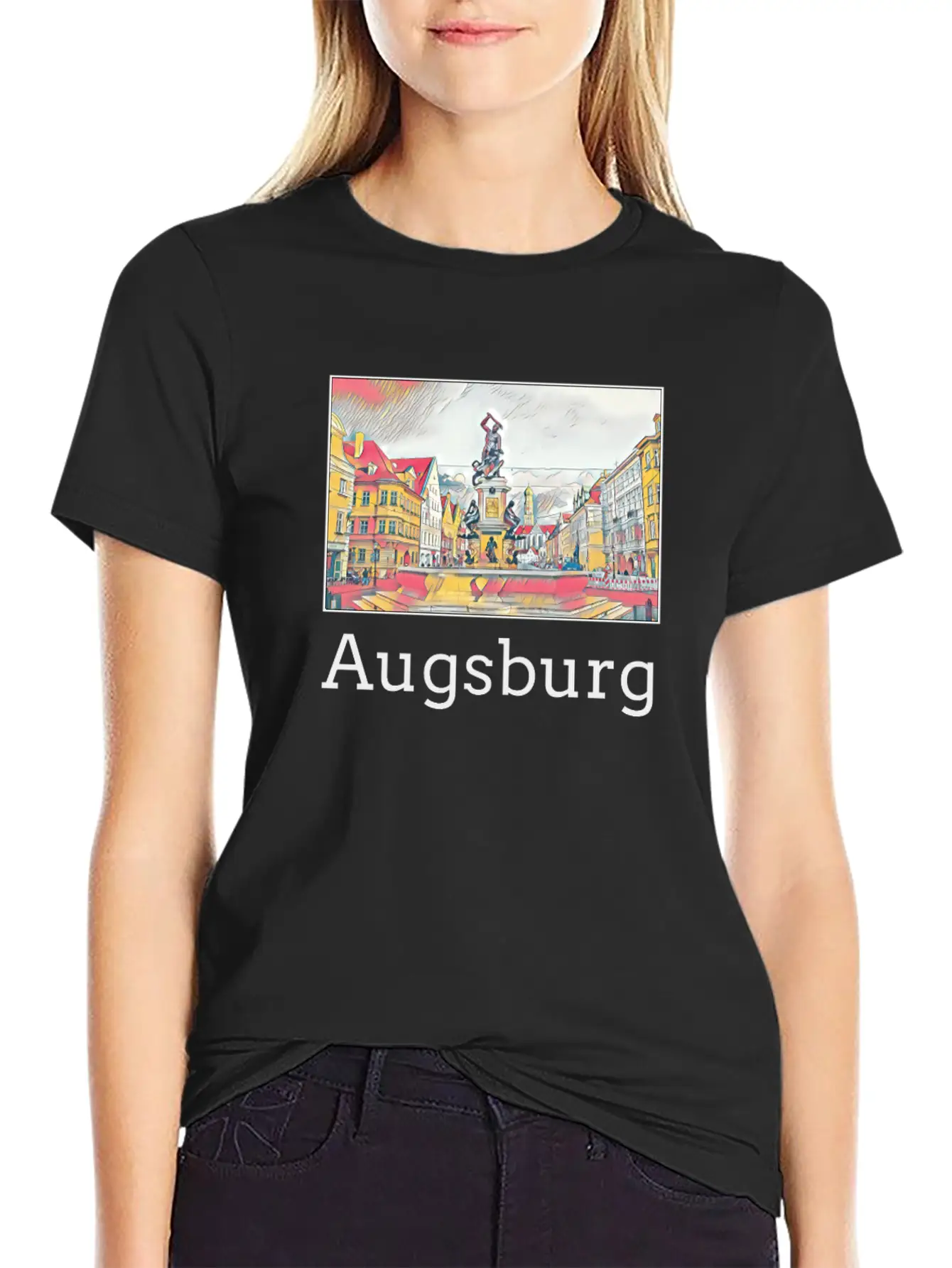 Augsburg City Skyline Sights Silhouette Landmark Casual Graphic T-Shirt – Simple And Comfortable Daily Wear