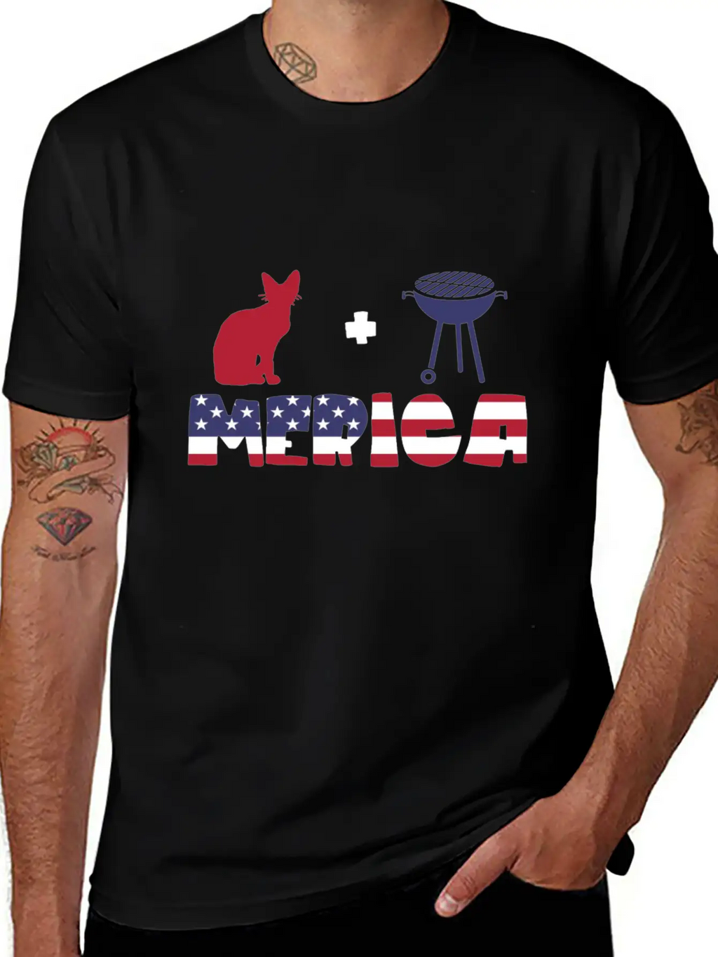 Awesome Cat Plus Barbeque Merica American Flag Essential Cotton Tee For Daily Outfits – Unisex Style