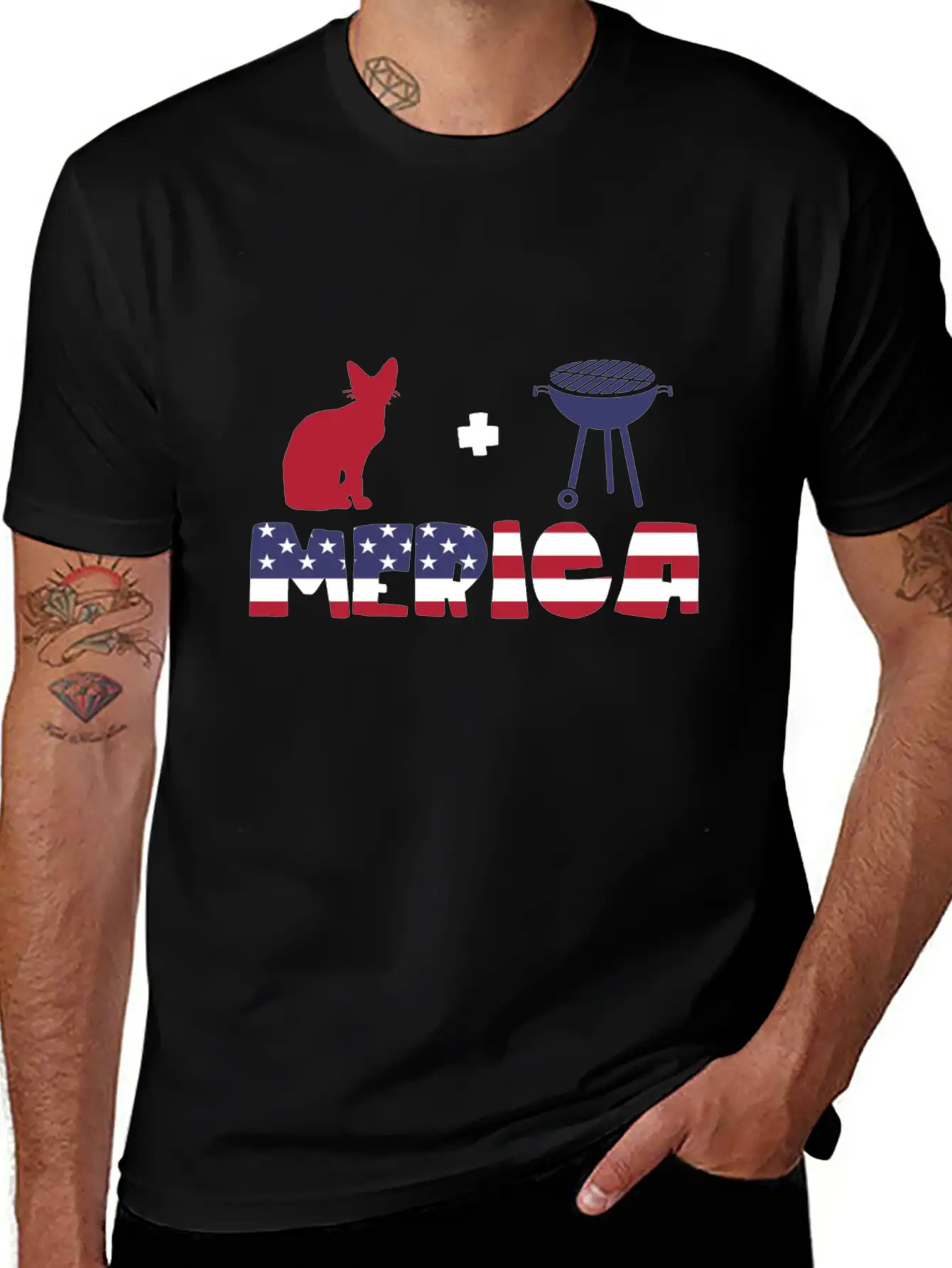 Awesome Cat Plus Barbeque Merica American Flag Essential Cotton Tee For Daily Outfits – Unisex Style