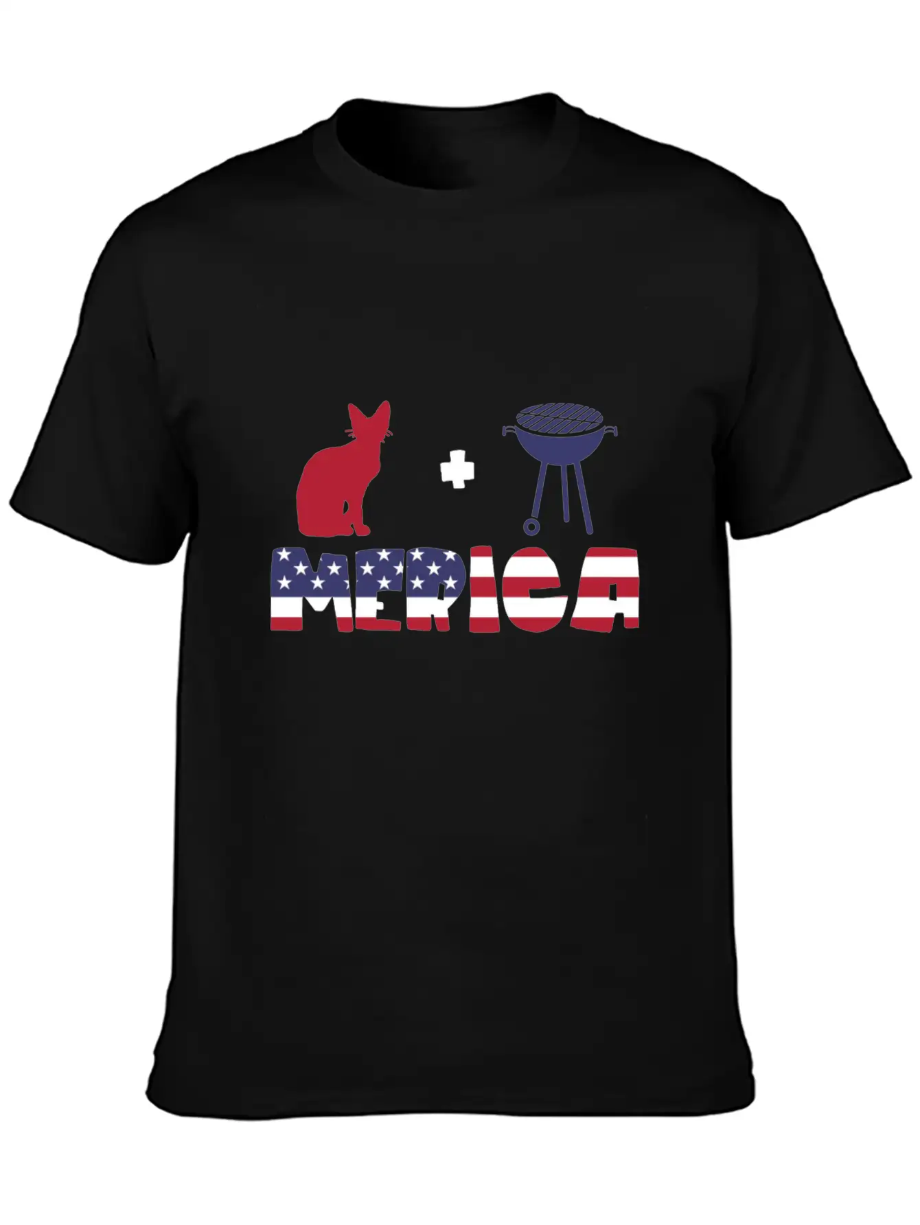 Awesome Cat Plus Barbeque Merica American Flag Essential Cotton Tee For Daily Outfits – Unisex Style