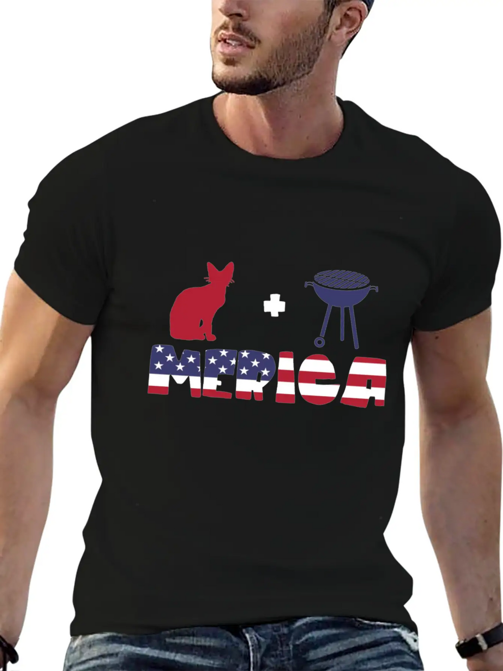 Awesome Cat Plus Barbeque Merica American Flag Essential Cotton Tee For Daily Outfits – Unisex Style
