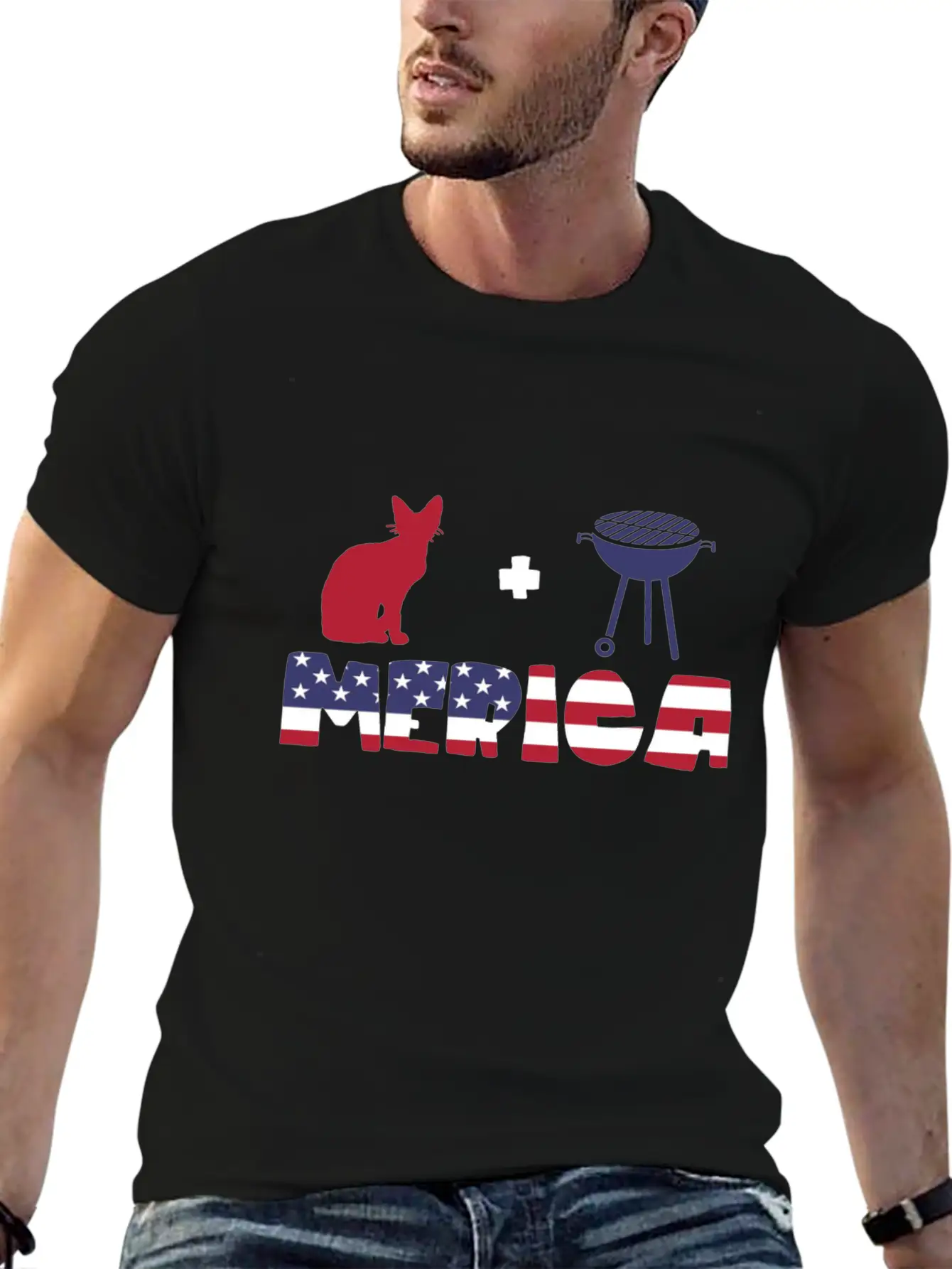 Awesome Cat Plus Barbeque Merica American Flag Essential Cotton Tee For Daily Outfits – Unisex Style