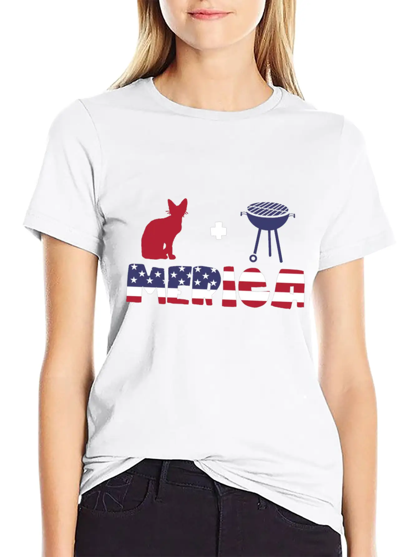 Awesome Cat Plus Barbeque Merica American Flag Essential Cotton Tee For Daily Outfits – Unisex Style
