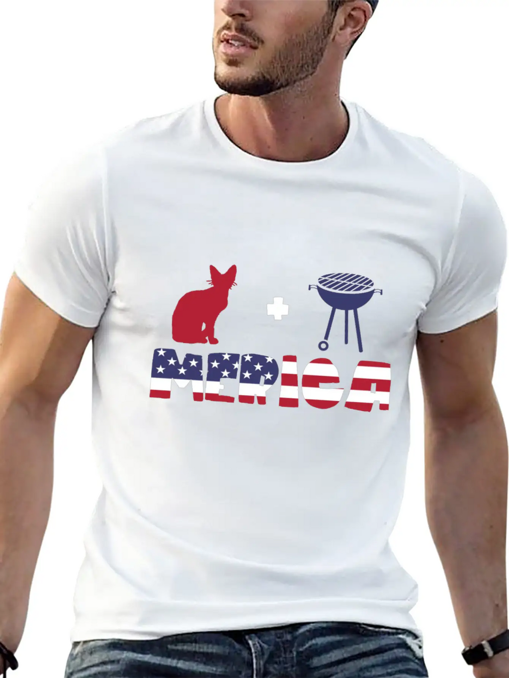 Awesome Cat Plus Barbeque Merica American Flag Essential Cotton Tee For Daily Outfits – Unisex Style
