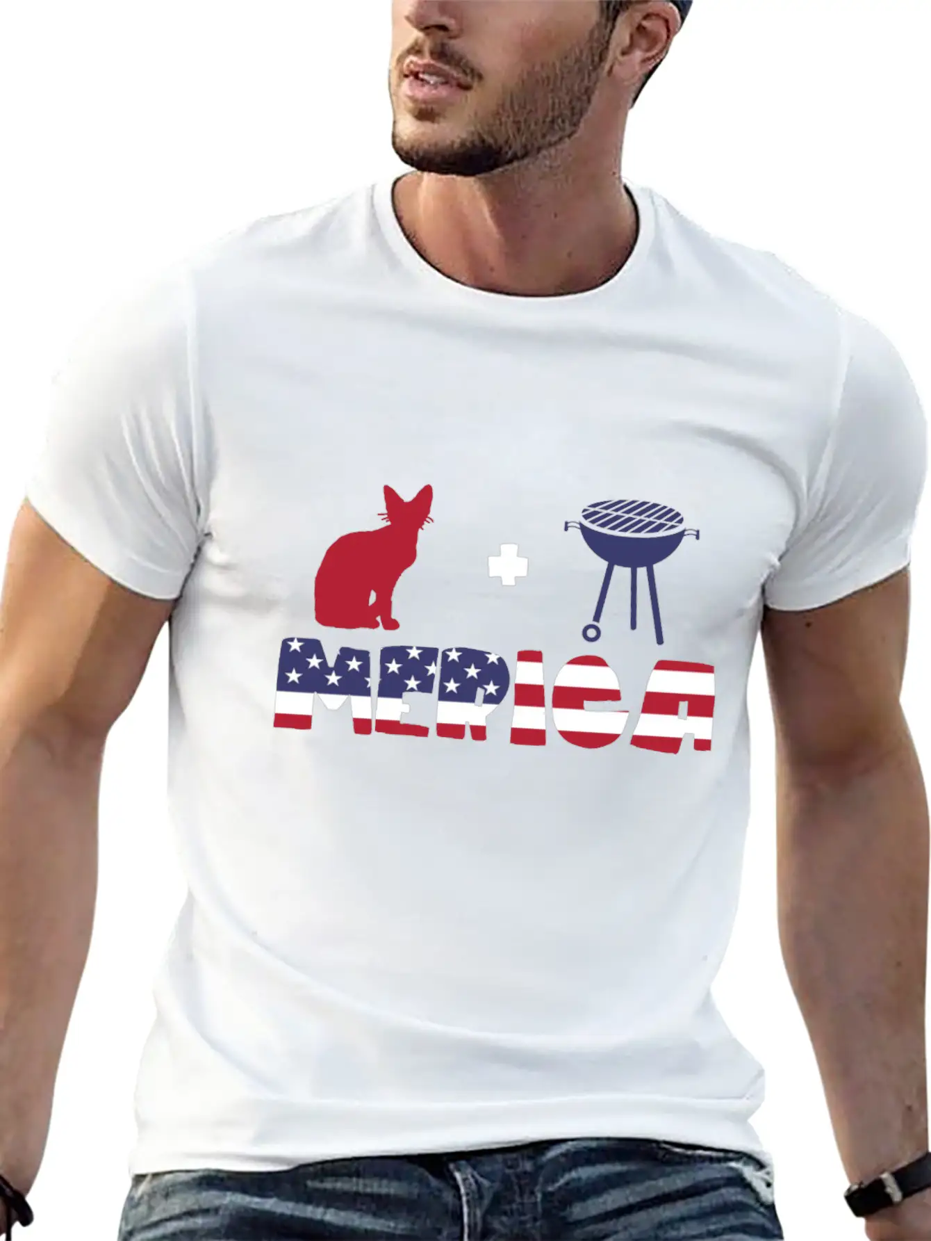 Awesome Cat Plus Barbeque Merica American Flag Essential Cotton Tee For Daily Outfits – Unisex Style