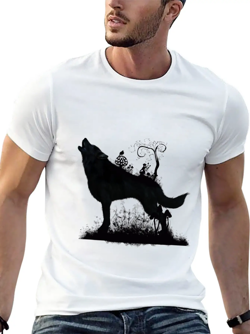 Awesome Wolf With Fairy In The Night Classic Fit Graphic Tee For Daily Comfort – Unisex Cotton Shirt