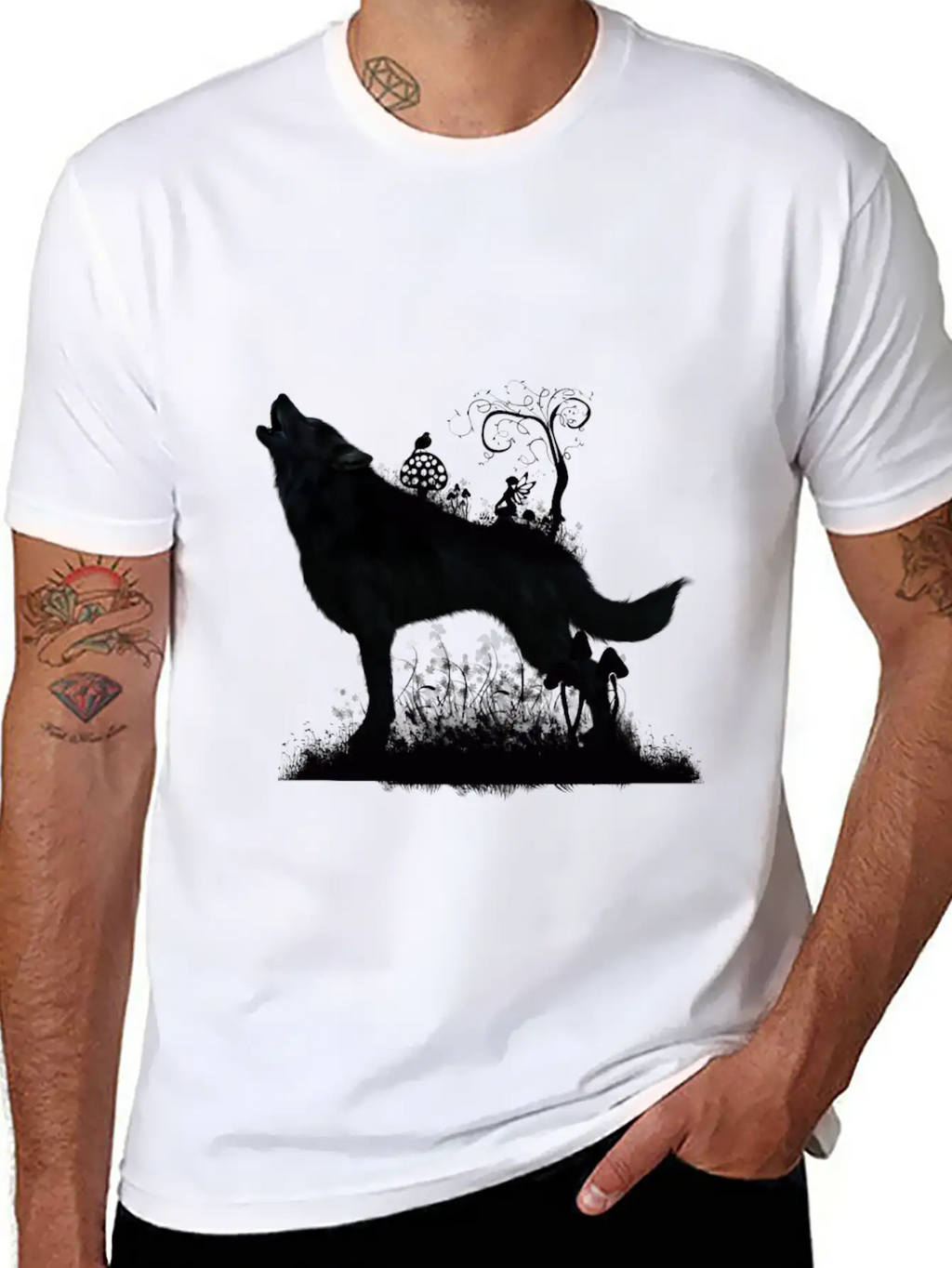 Awesome Wolf With Fairy In The Night Classic Fit Graphic Tee For Daily Comfort – Unisex Cotton Shirt