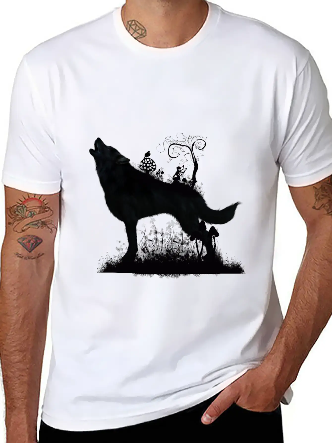 Awesome Wolf With Fairy In The Night Classic Fit Graphic Tee For Daily Comfort – Unisex Cotton Shirt