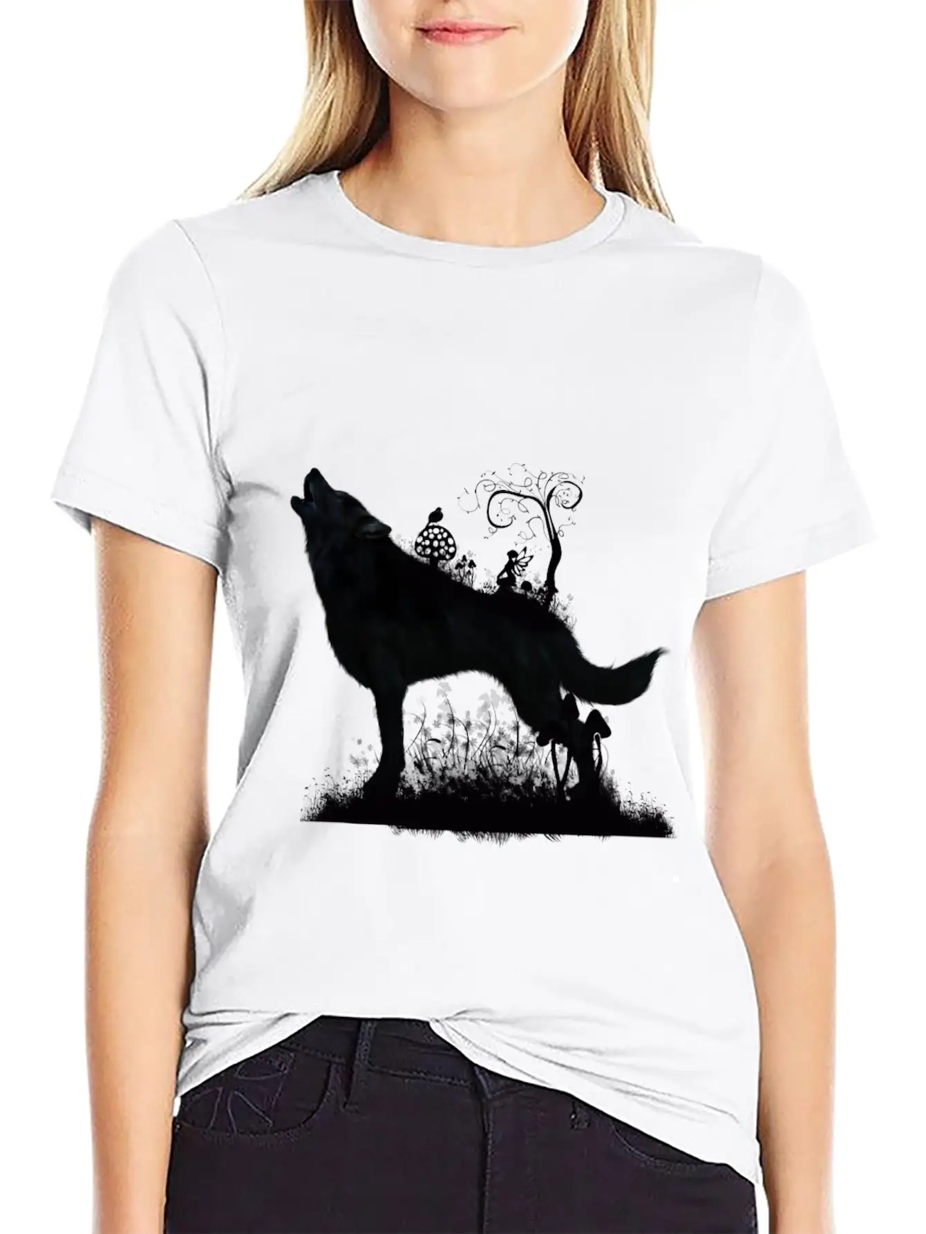 Awesome Wolf With Fairy In The Night Classic Fit Graphic Tee For Daily Comfort – Unisex Cotton Shirt