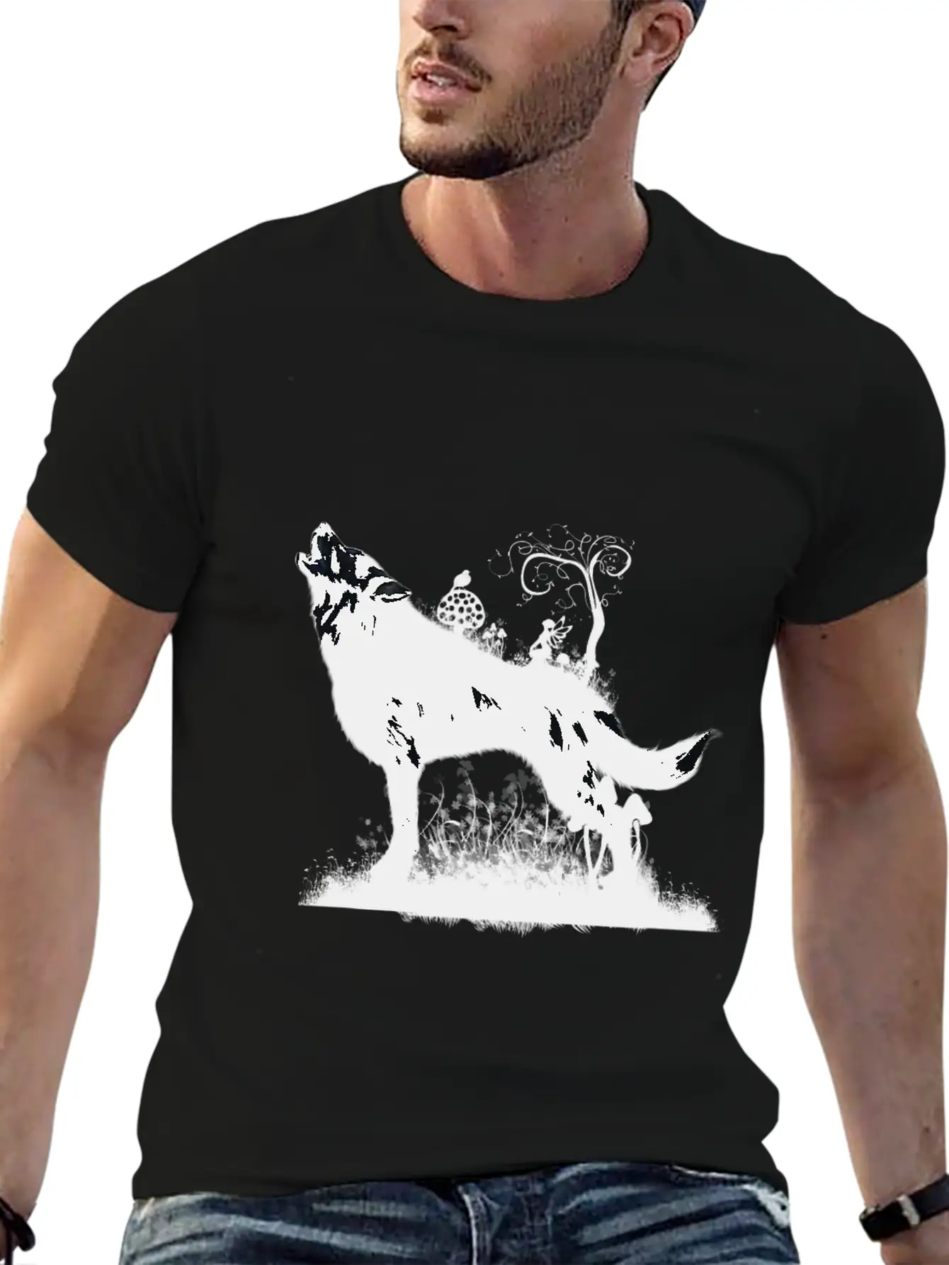 Awesome Wolf With Fairy In The Night Classic Fit Graphic Tee For Daily Comfort – Unisex Cotton Shirt