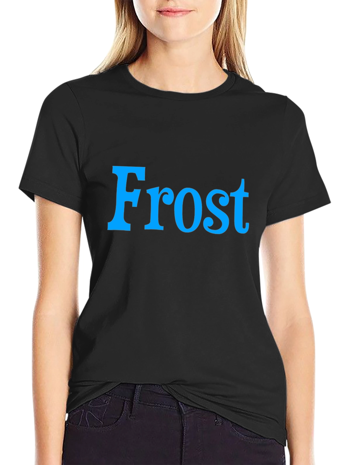 Frost Graphic Tee - Cool Blue Text on Black Shirt