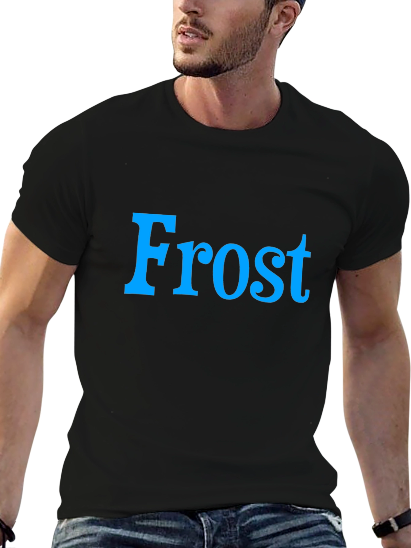 Frost Graphic Tee - Cool Blue Text on Black Shirt