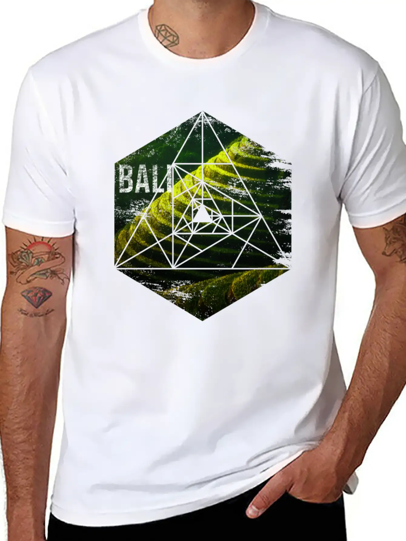 Bali Rice Field Geometric Abstract Unisex Short Sleeve Soft Cotton T-Shirt – Casual Everyday Wear