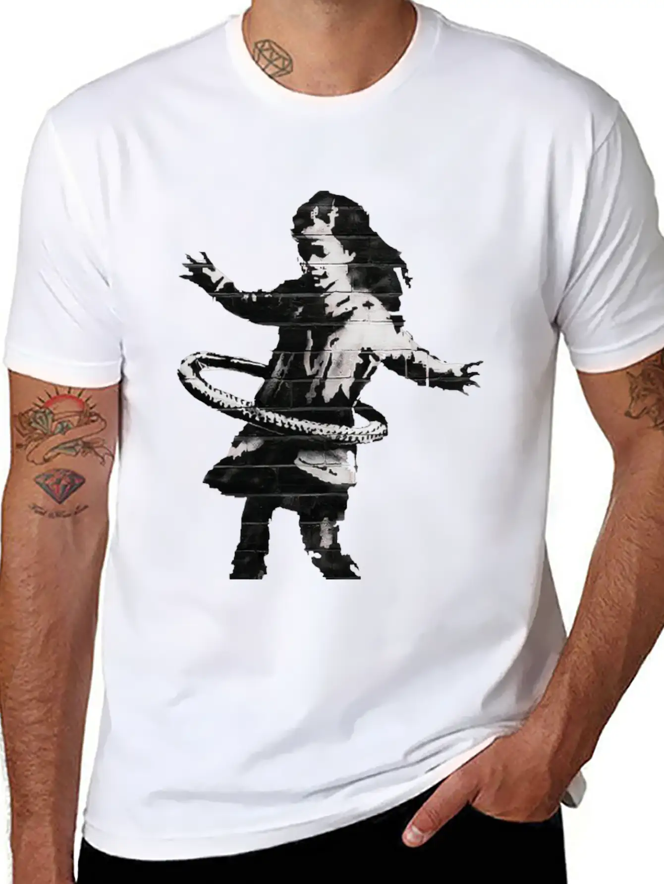 Banksy HulaHoop Girl Nottingham Ilkeston Road Unisex Short Sleeve Soft Cotton T-Shirt – Casual Everyday Wear