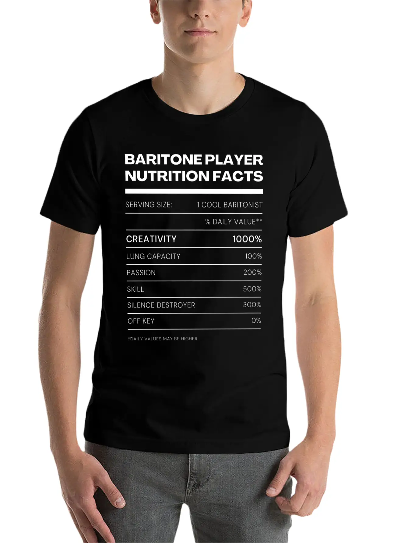 Baritone Player Nutrition Facts Stylish Everyday T-Shirt – Unisex Basic Cotton Tee