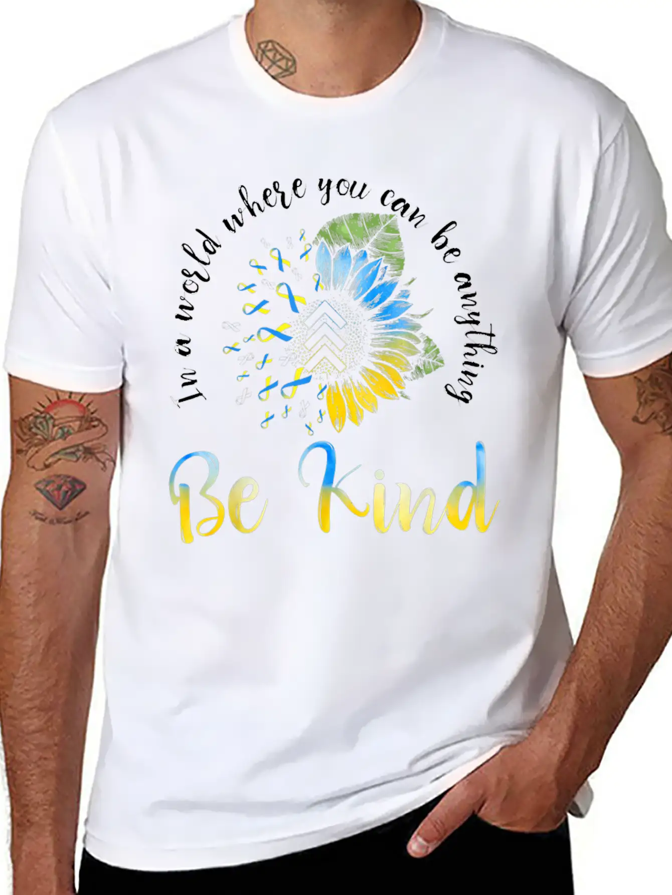 Be Kind Blue Yellow Ribbon Sunflower Down Syndrome Unisex Casual T-Shirt – Clean Design For Daily Comfort